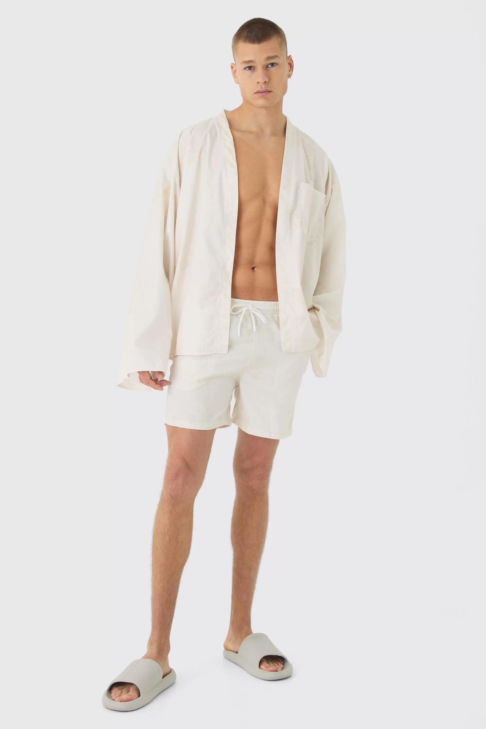 boohooMAN Gothic Print Kimono Shirt & Swim Short Set | UK