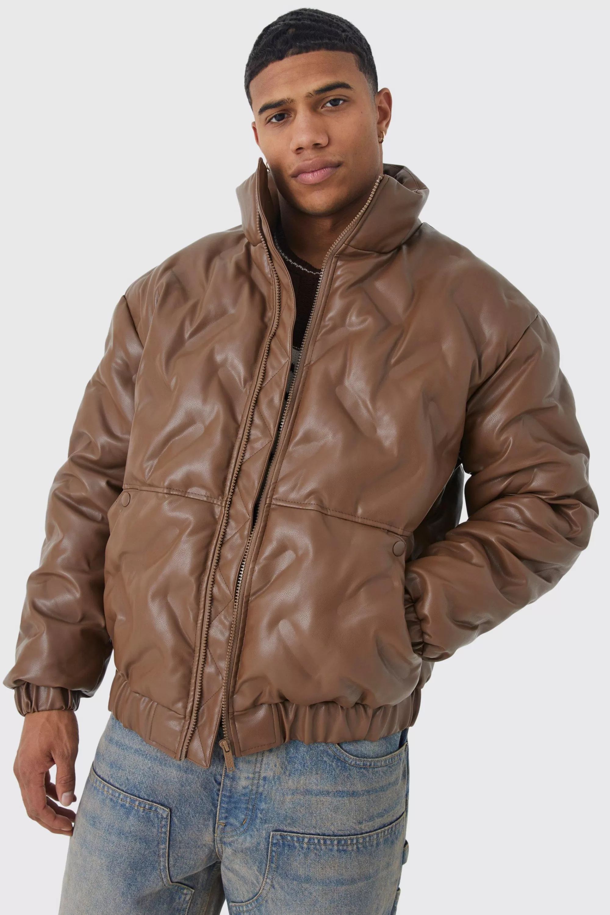 boohooMAN Heat Seal Pu Funnel Neck Puffer | UK