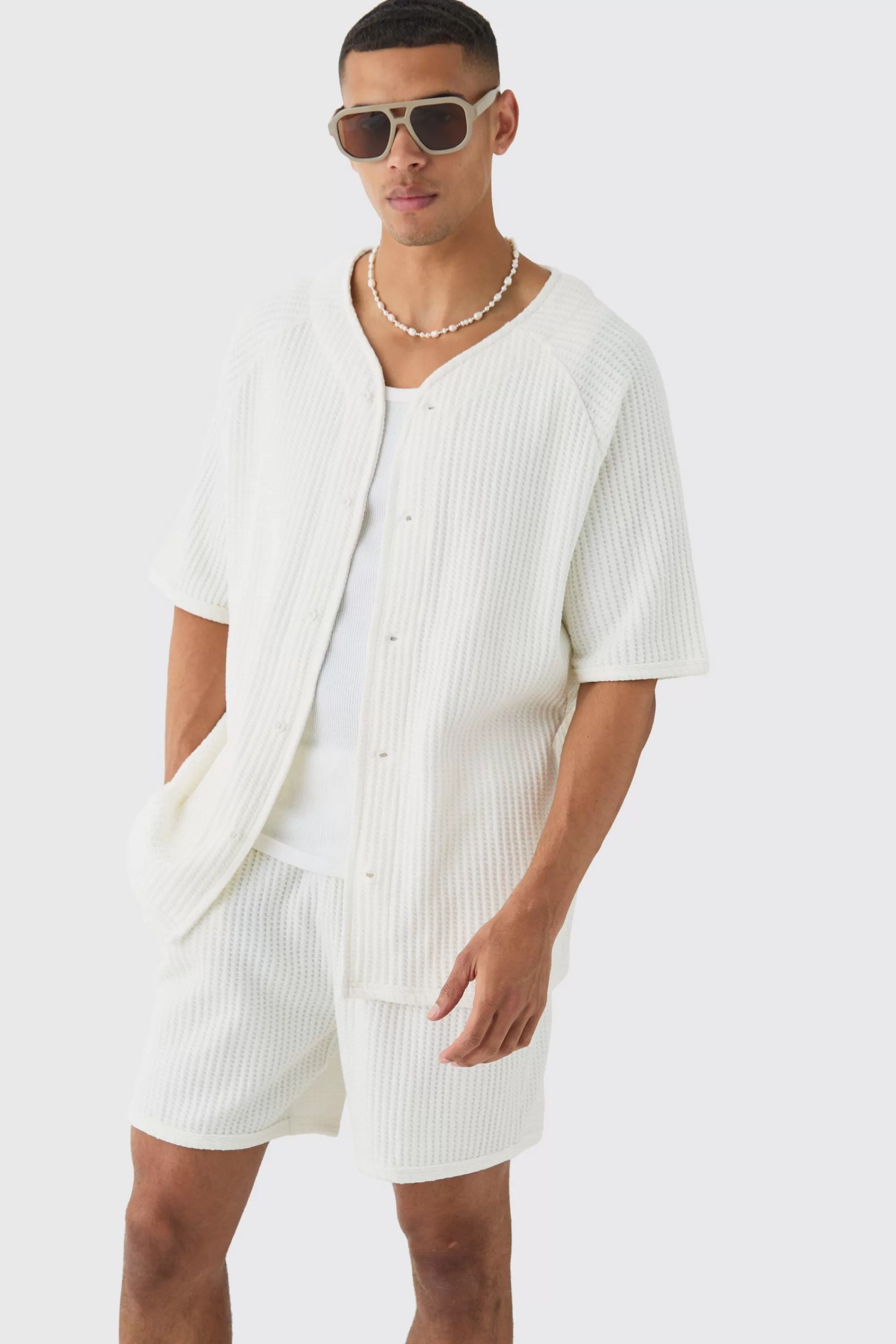 boohooMAN Heavy Jumbo Waffle Baseball Shirt & Short Set | UK