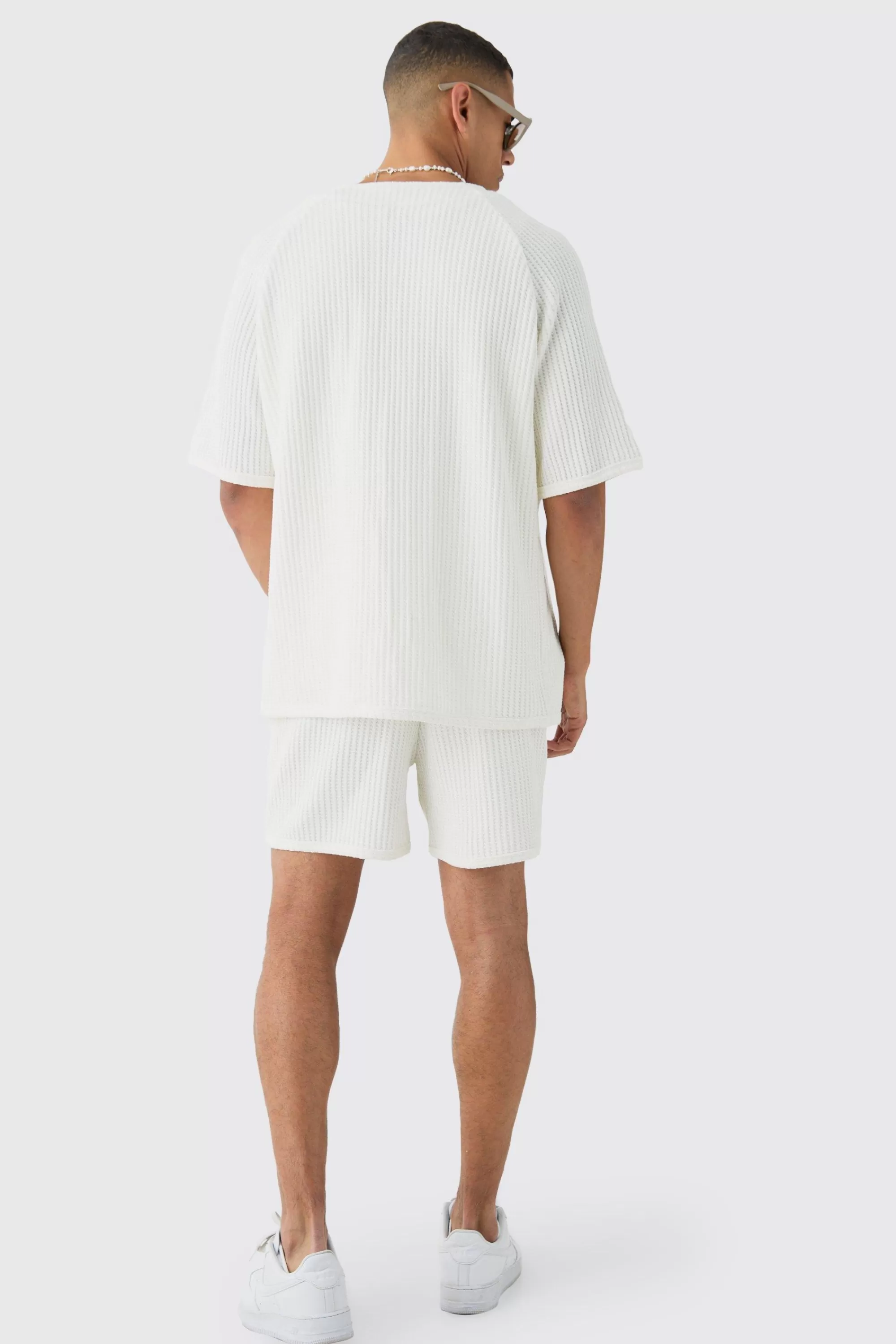 boohooMAN Heavy Jumbo Waffle Baseball Shirt & Short Set | UK