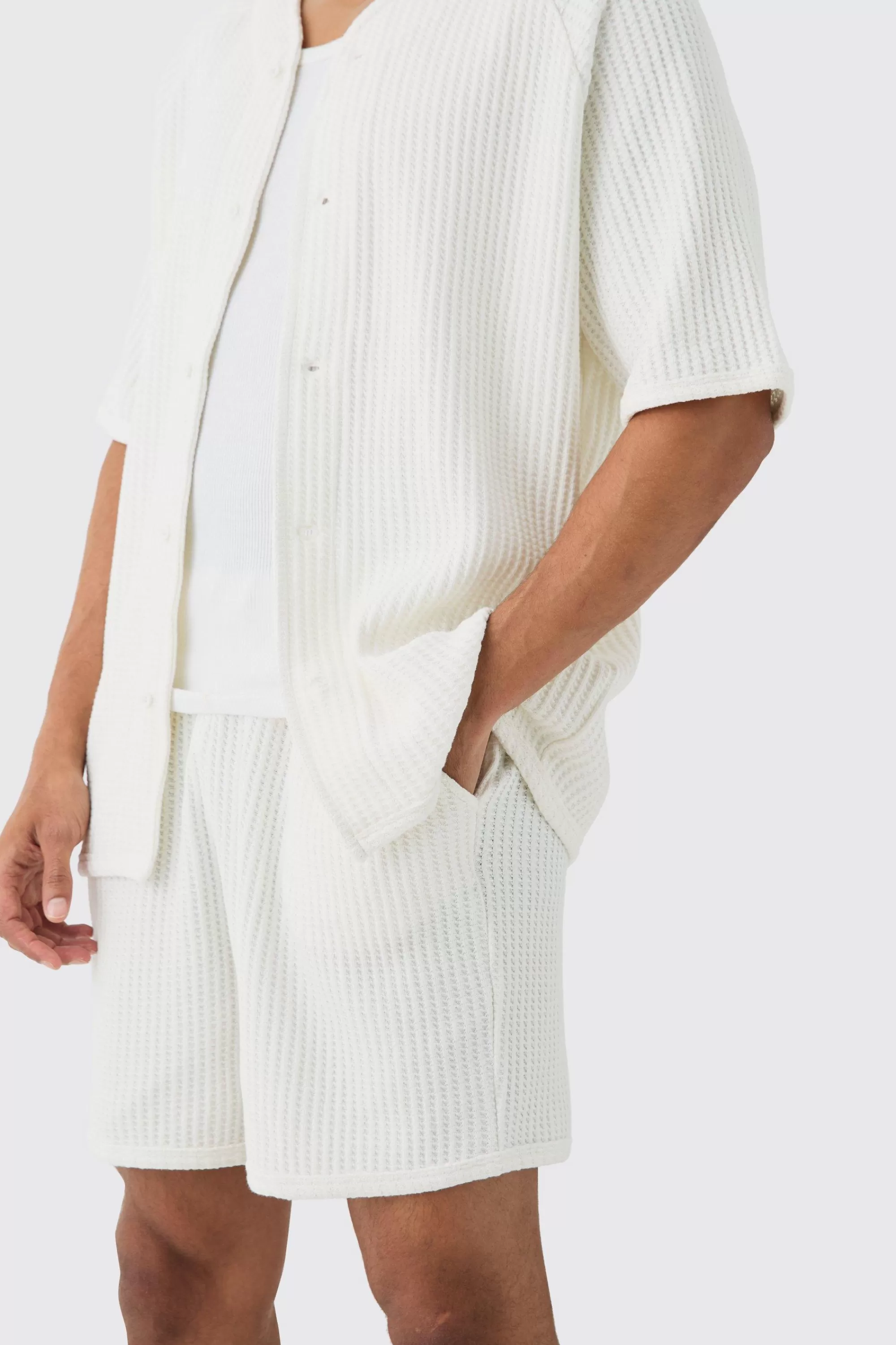 boohooMAN Heavy Jumbo Waffle Baseball Shirt & Short Set | UK