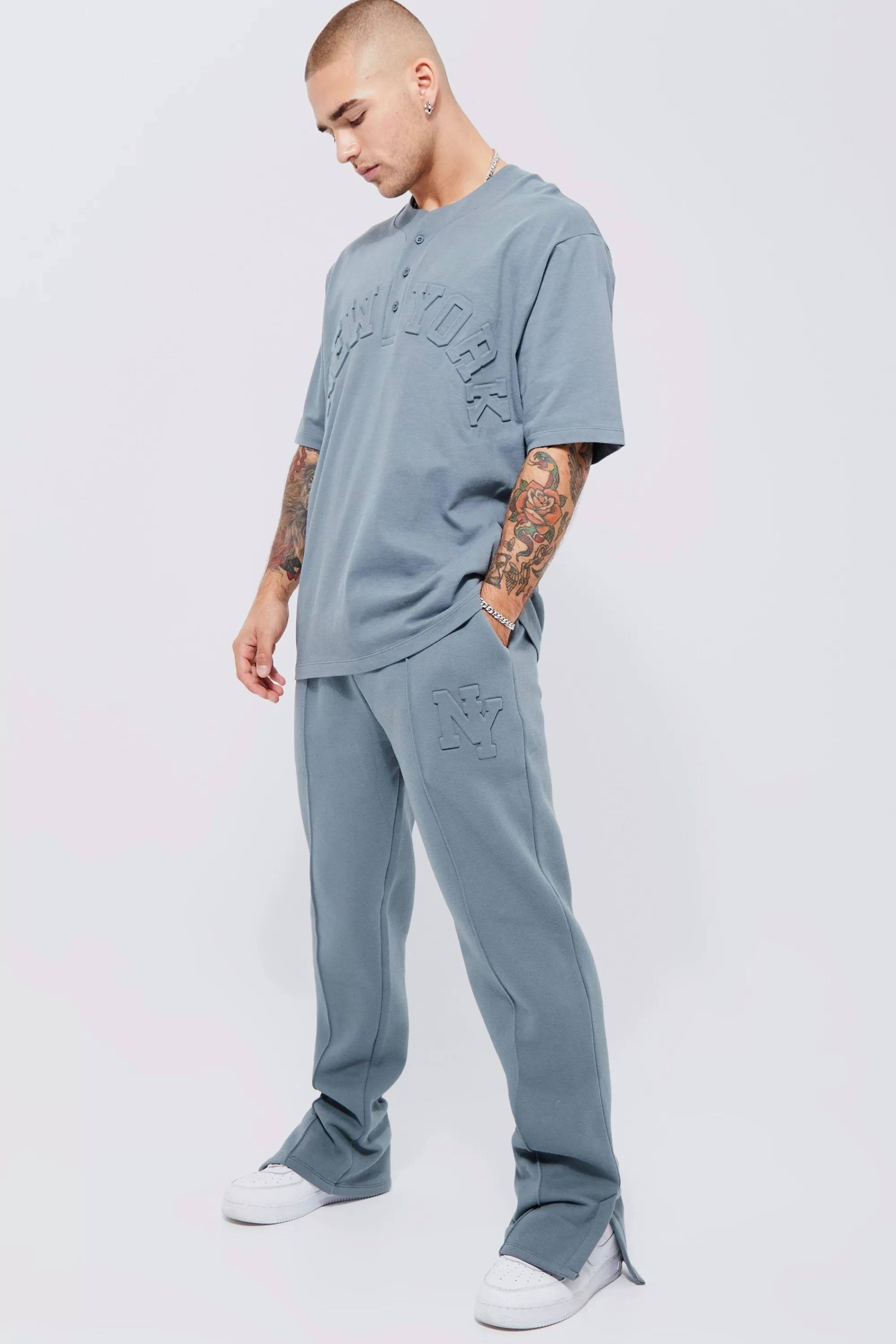 boohooMAN Heavyweight Embossed New York Baseball Tracksuit | UK