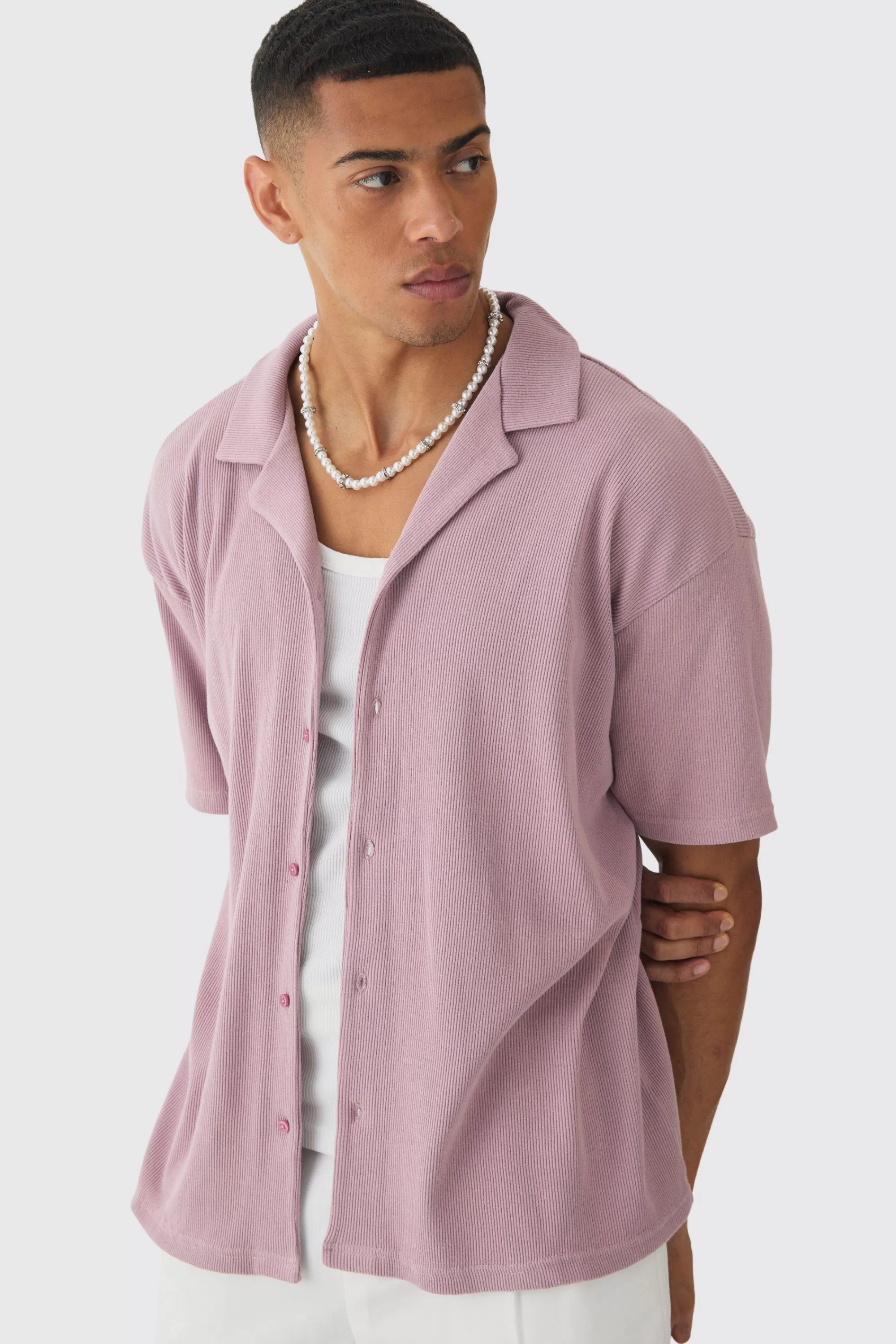 boohooMAN Heavyweight Oversized Revere Ribbed Jersey Shirt | UK