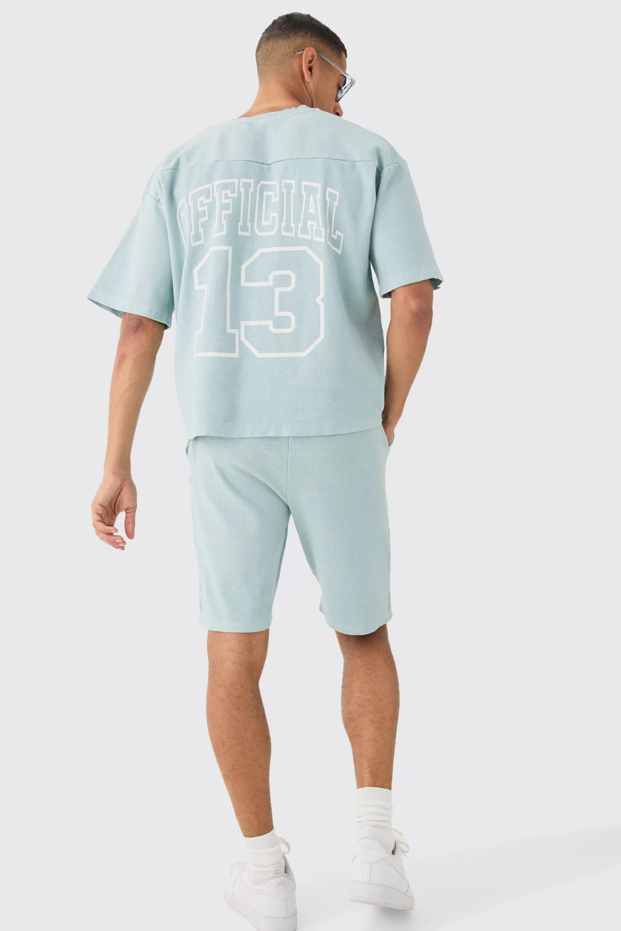 boohooMAN Heavyweight Ribbed Washed Short Sleeve Sweatshirt & Short Set | UK