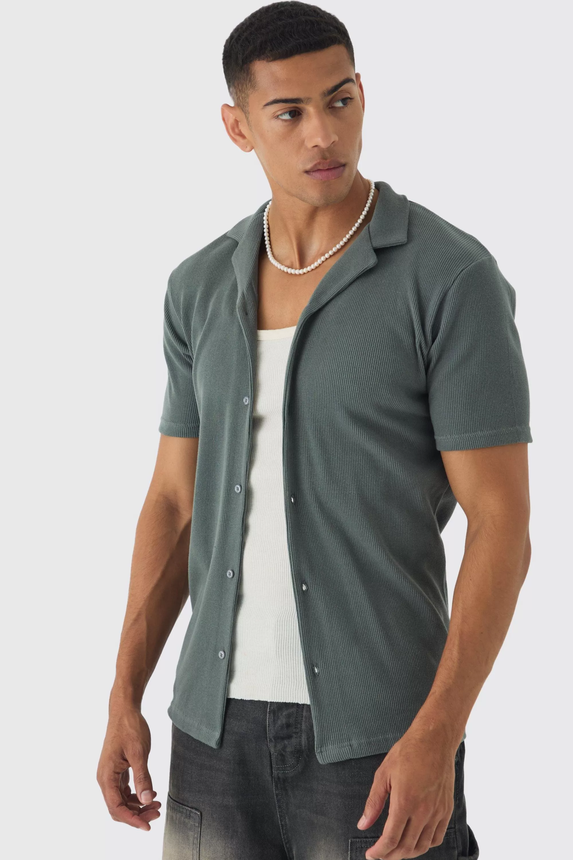 boohooMAN Heavyweight Slim Revere Ribbed Jersey Shirt | UK