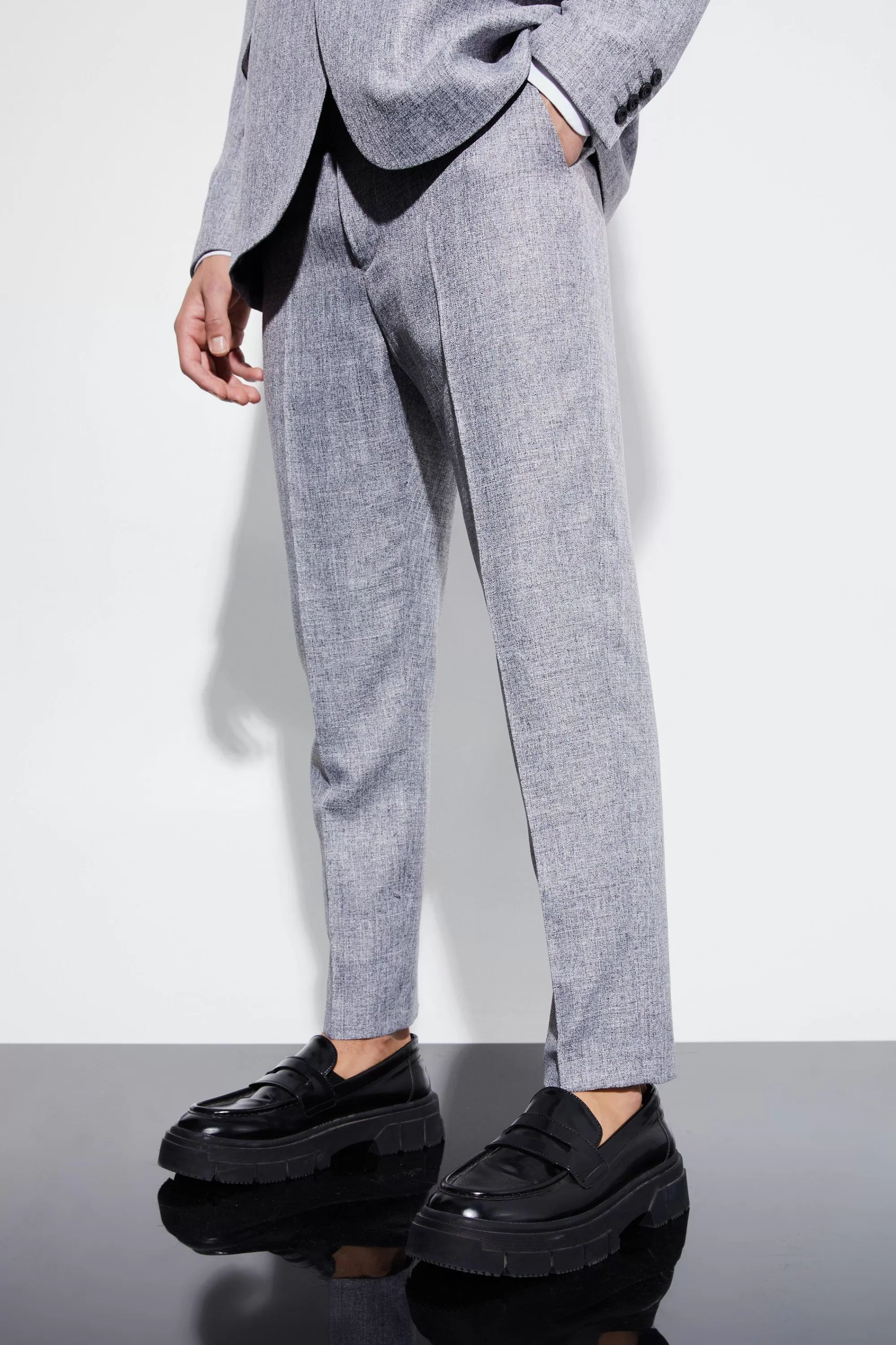 boohooMAN High Rise Tapered Textured Marl Trousers | UK