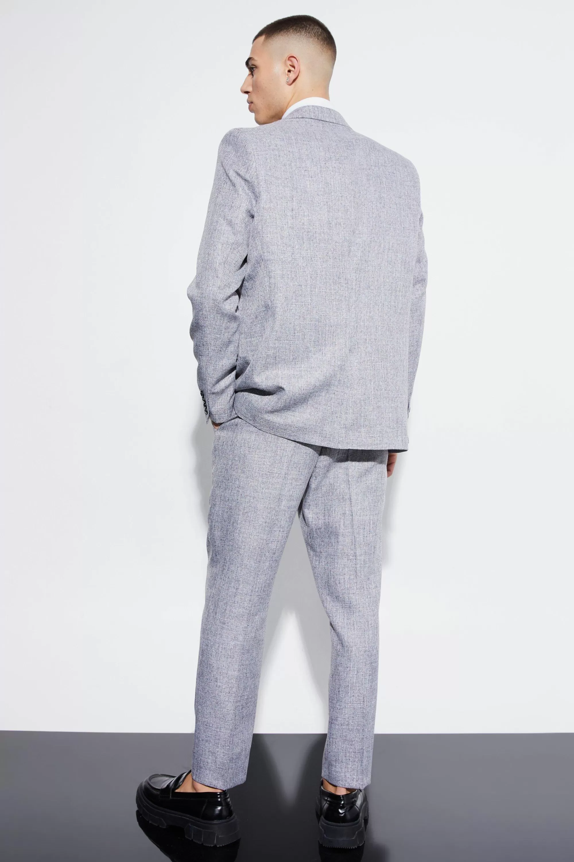 boohooMAN High Rise Tapered Textured Marl Trousers | UK