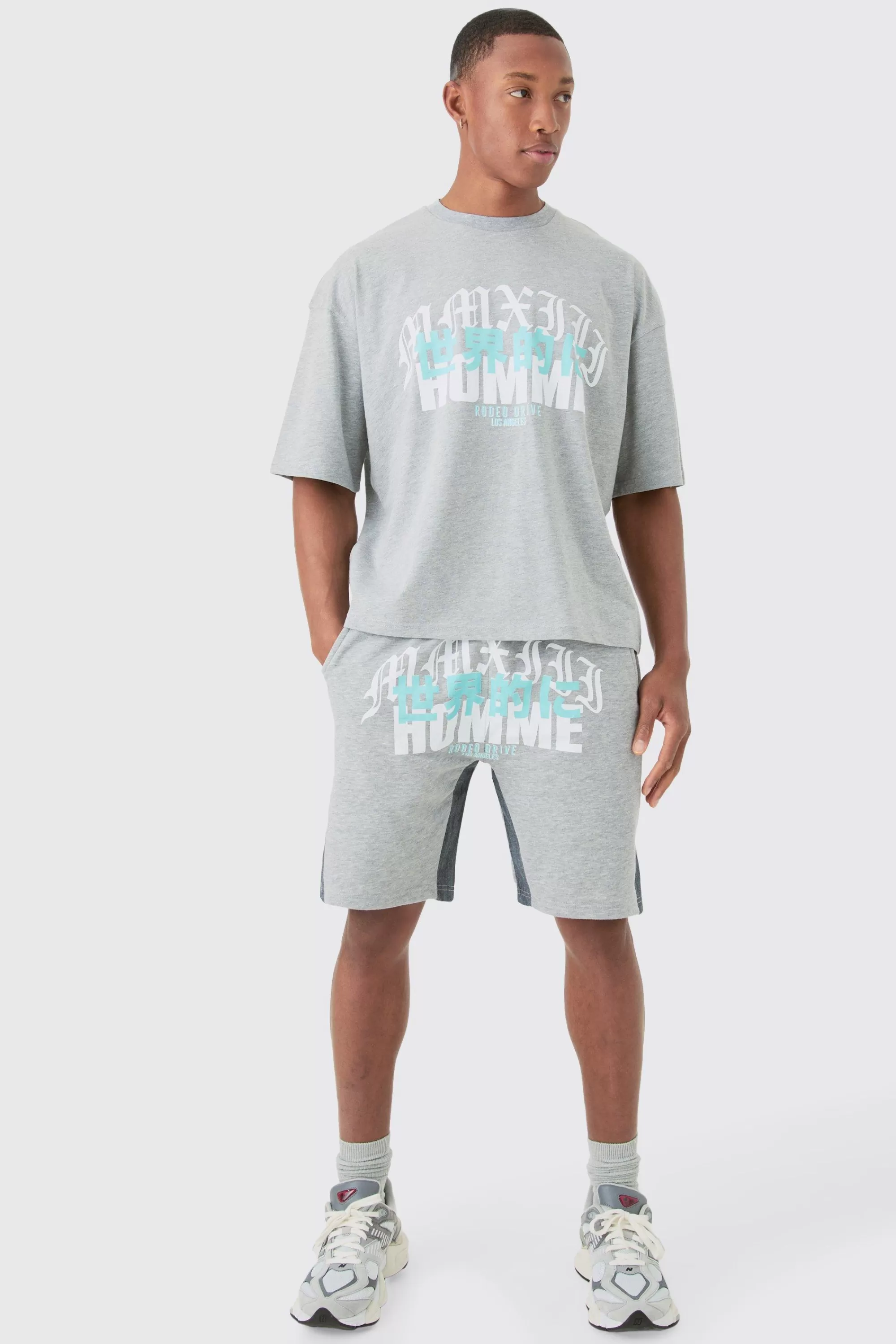 boohooMAN Homme Print Denim Gusset T-shirt And Short Set | UK