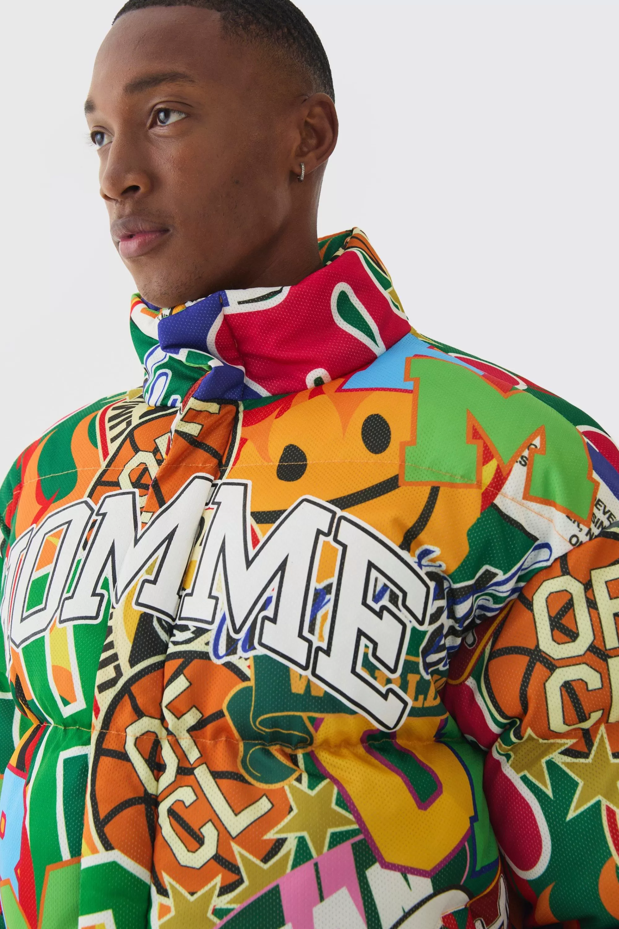 boohooMAN Homme Printed Funnel Neck Mesh Puffer Coat In | UK