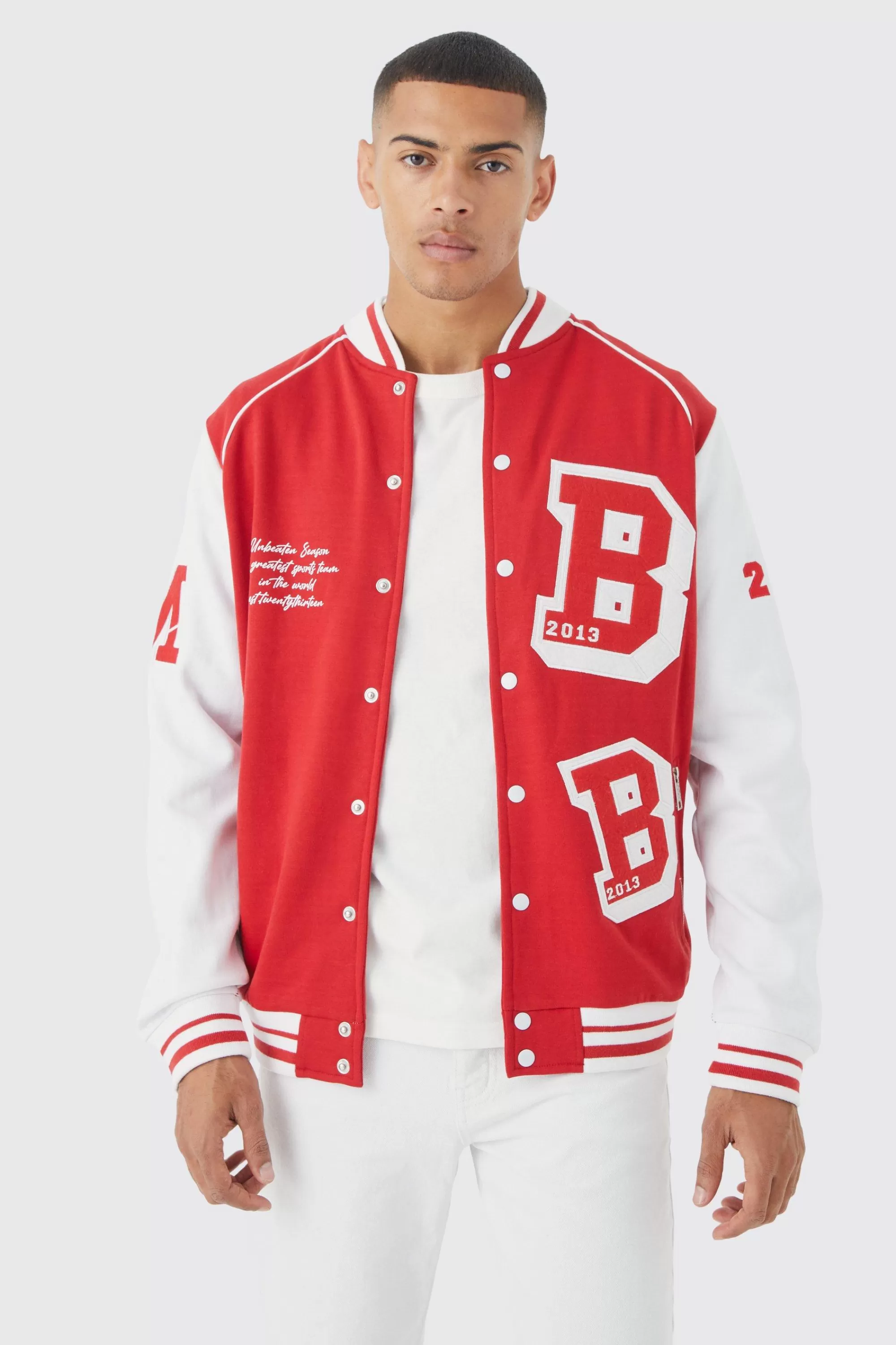 boohooMAN Jersey Varsity Bomber Jacket | UK