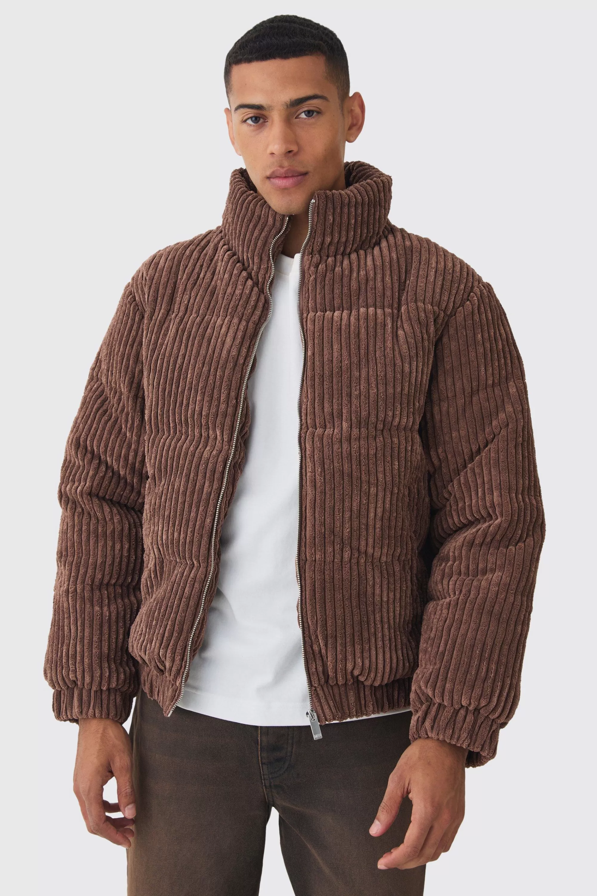 boohooMAN Jumbo Cord Funnel Neck Puffer Coat In | UK