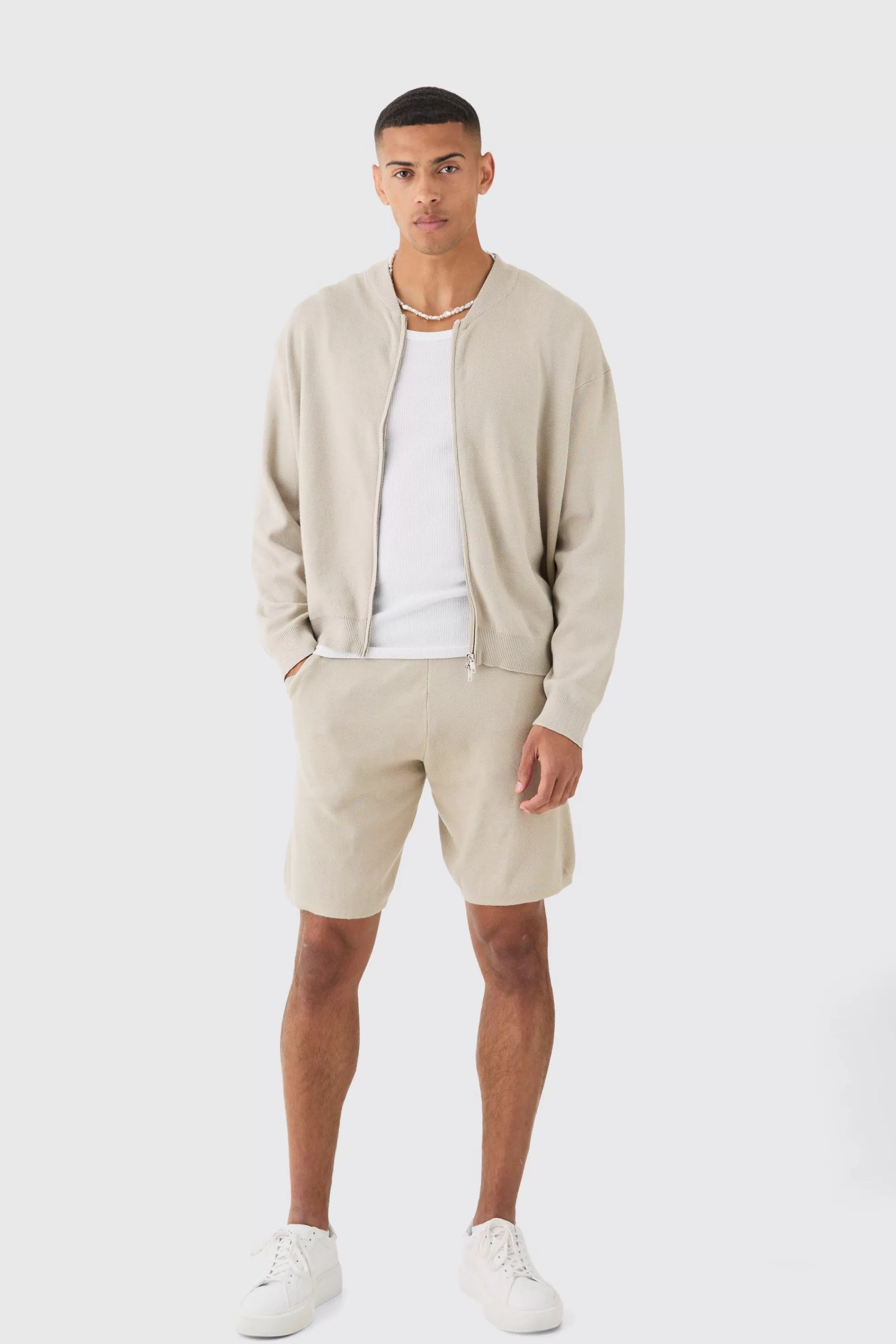 boohooMAN Knitted Bomber Short Tracksuit | UK