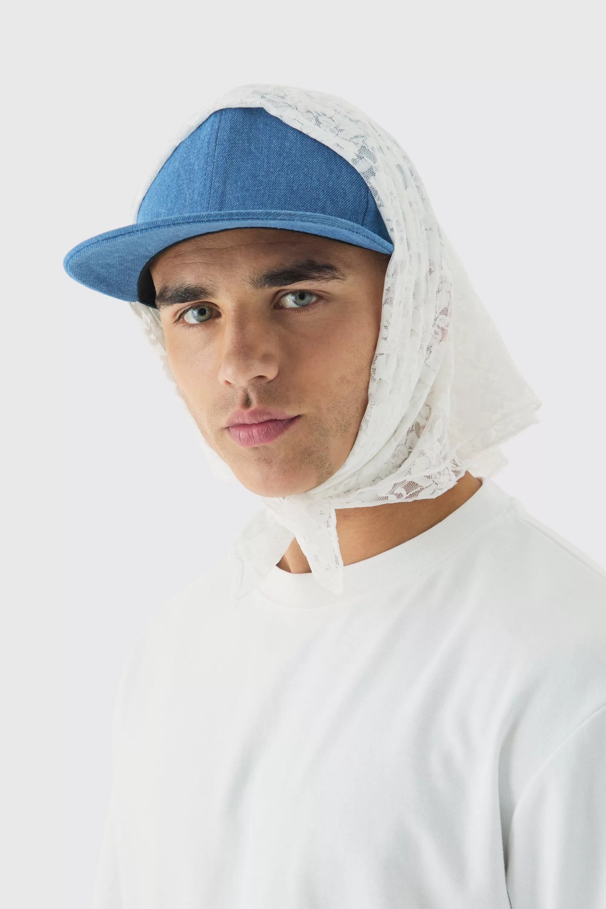 boohooMAN Lace Scarf Denim Snapback Cap | UK