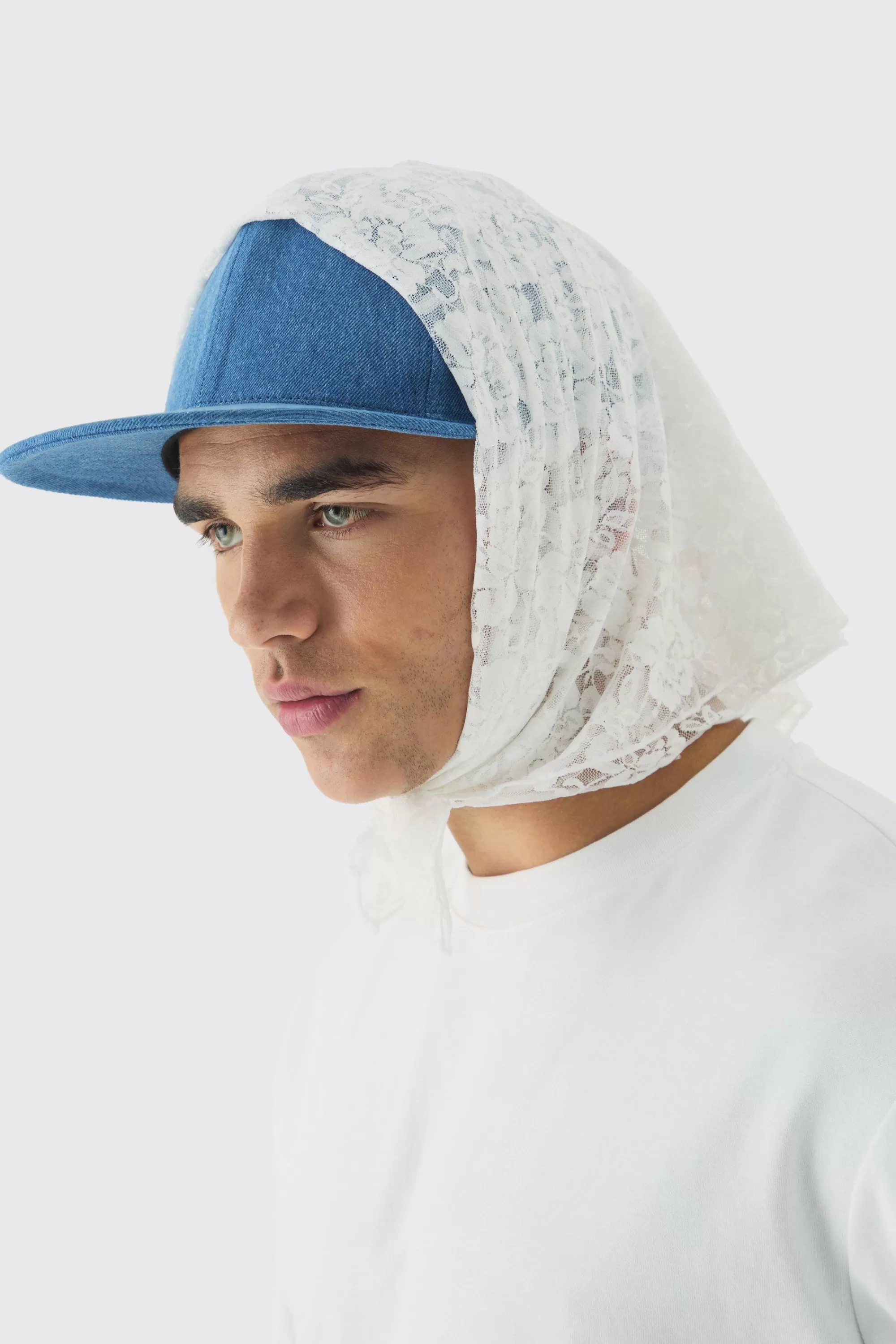 boohooMAN Lace Scarf Denim Snapback Cap | UK