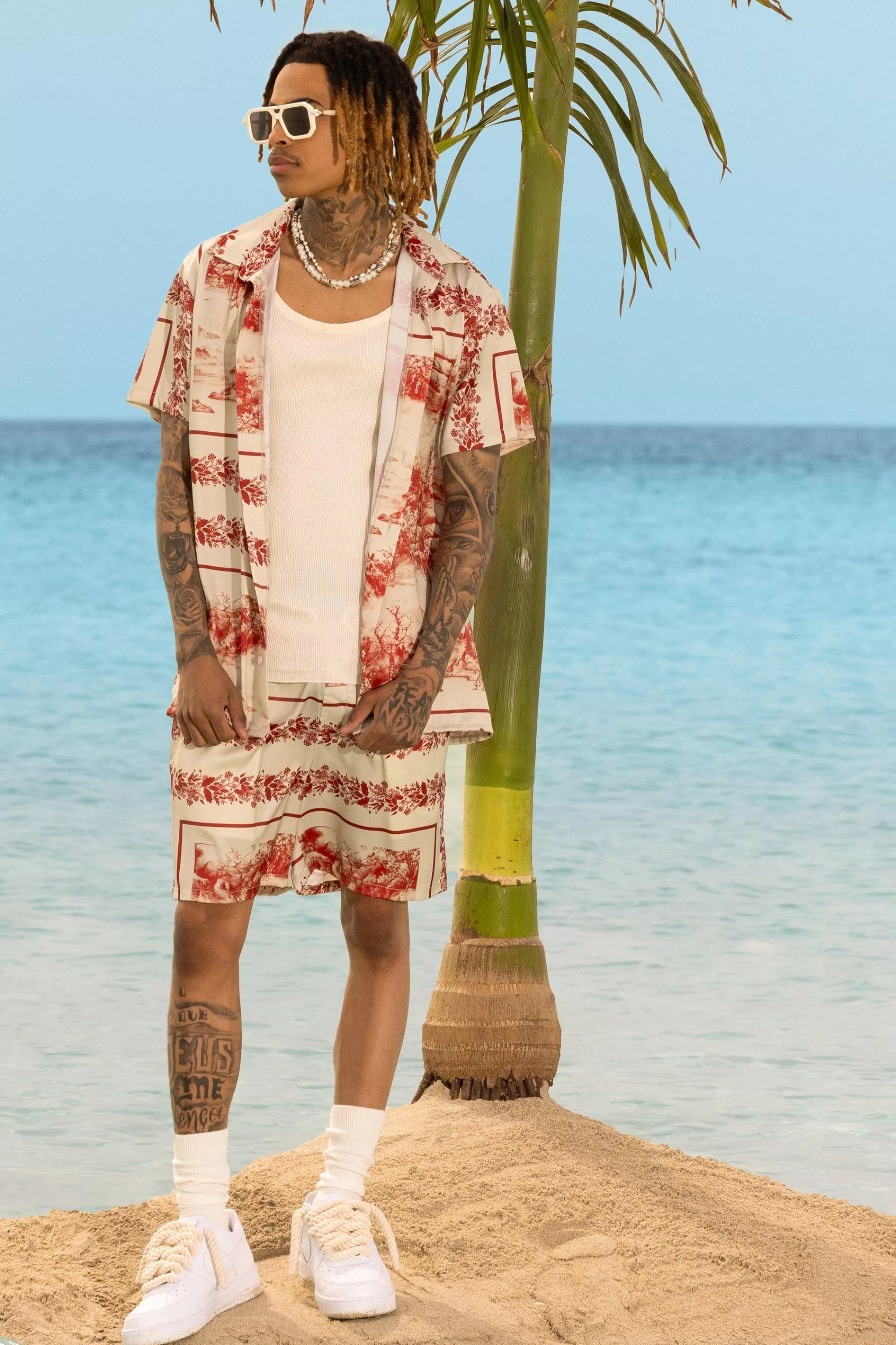 boohooMAN Landscape Satin Short Sleeve Shirt & Short Set | UK