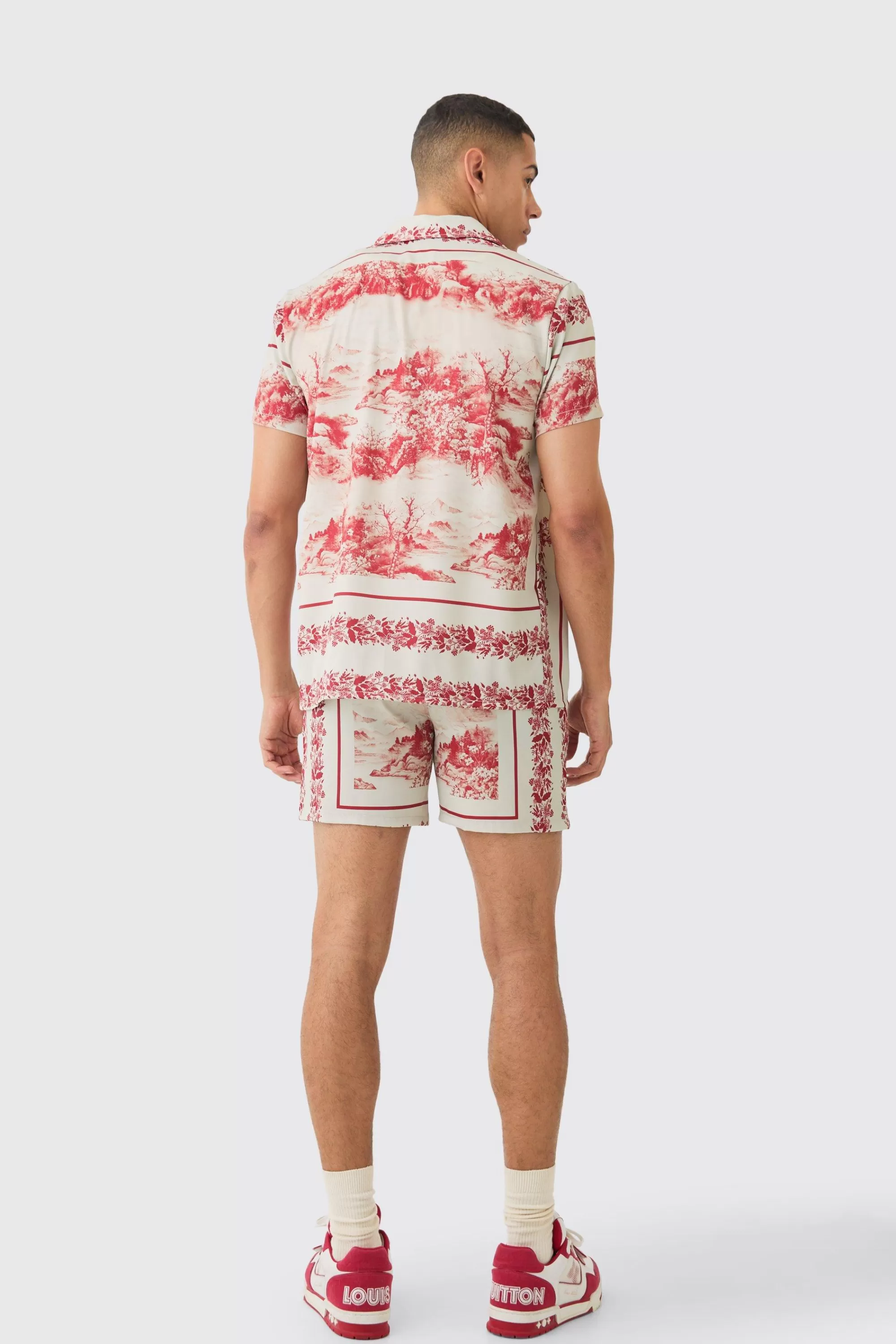 boohooMAN Landscape Satin Short Sleeve Shirt & Short Set | UK