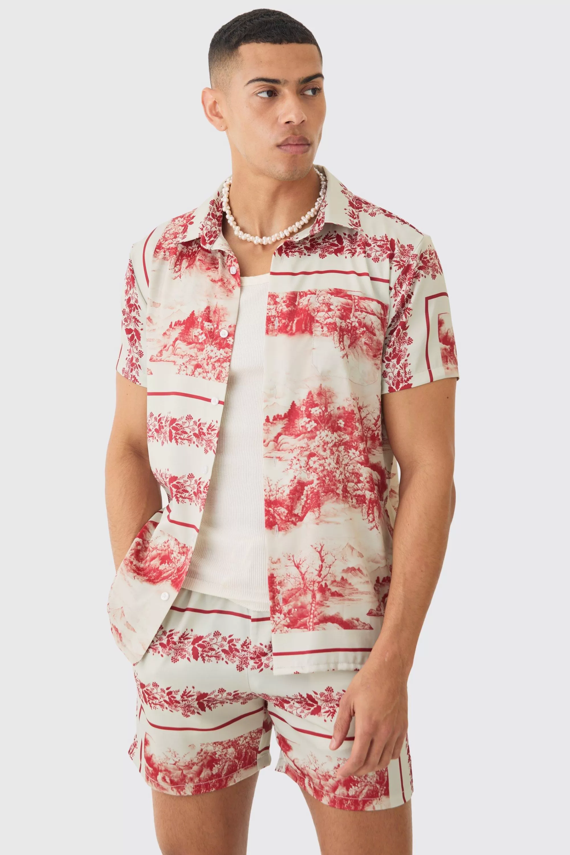 boohooMAN Landscape Satin Short Sleeve Shirt & Short Set | UK