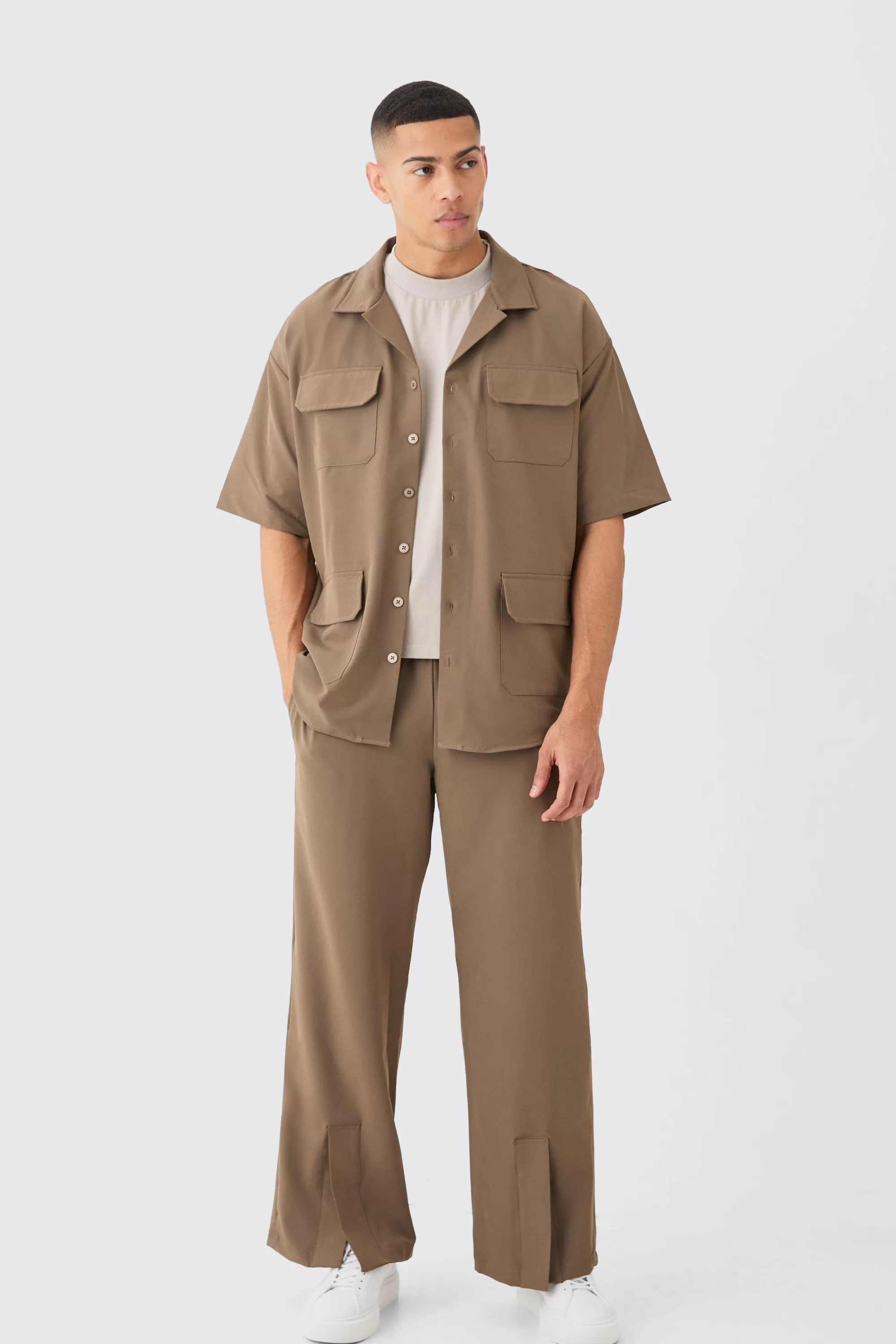 boohooMAN Lightweight Stretch Shirt And Split Hem Trouser Set | UK
