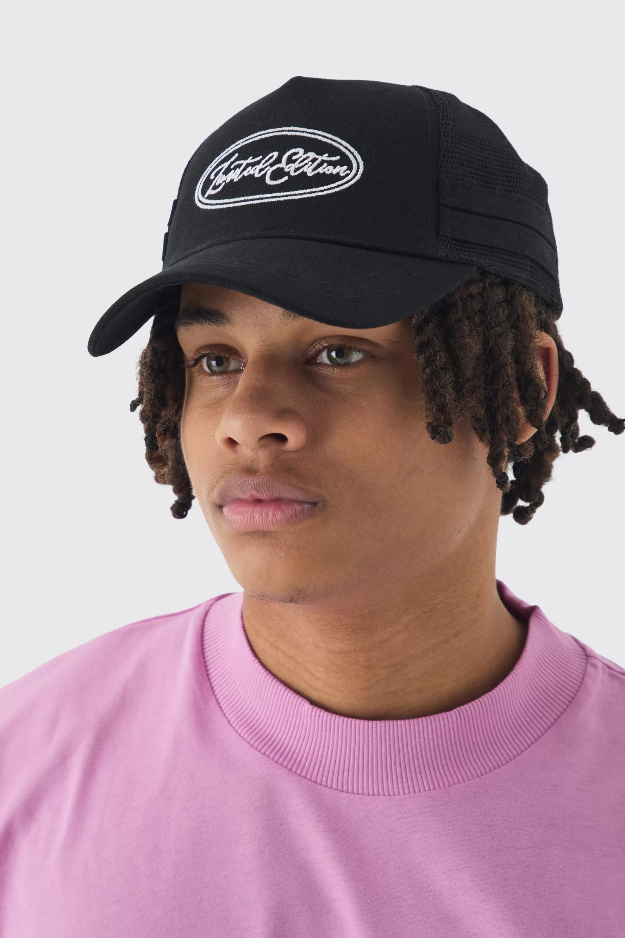 boohooMAN Limited Edition Embroidered Mesh Panel Cap In Black | UK