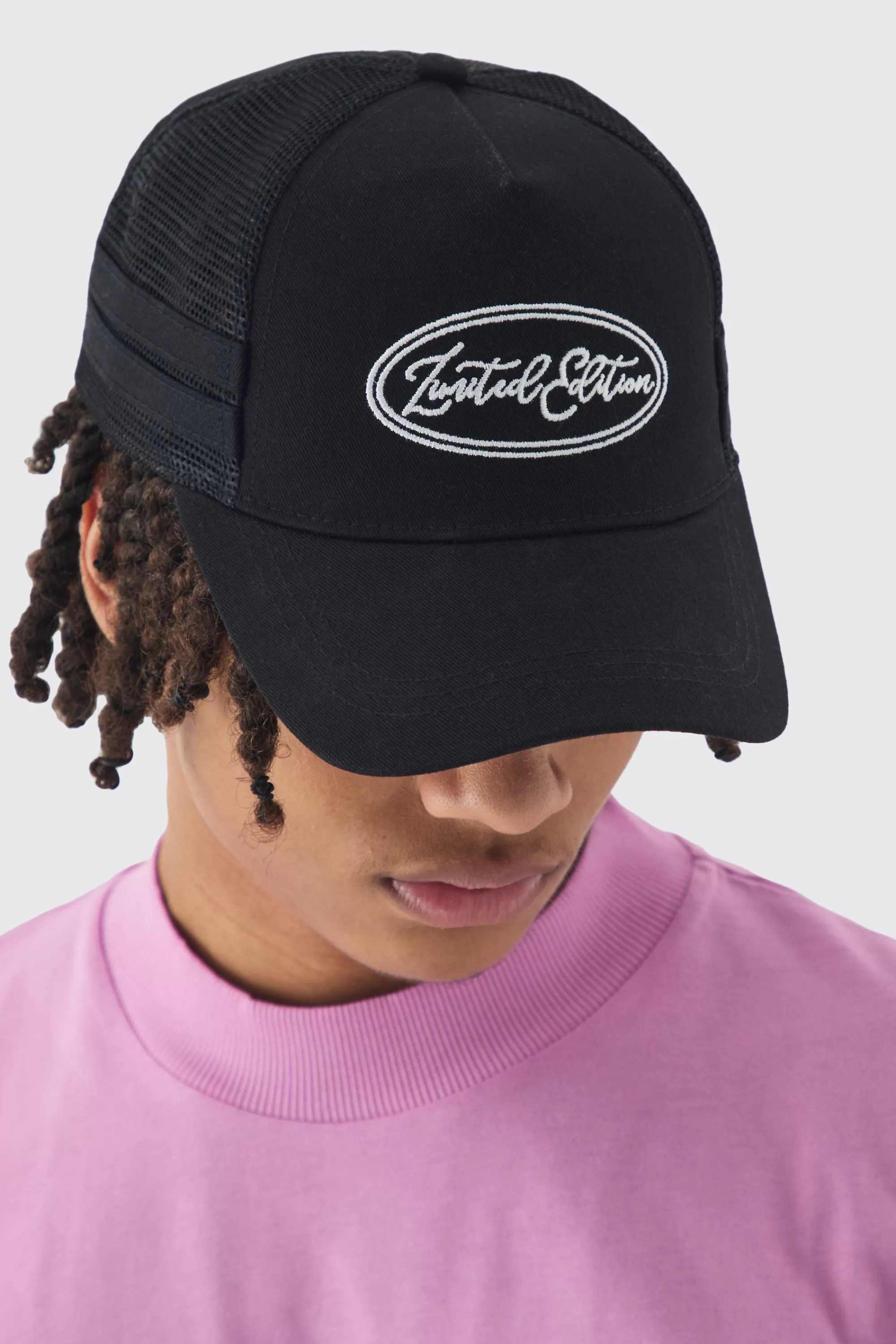 boohooMAN Limited Edition Embroidered Mesh Panel Cap In Black | UK