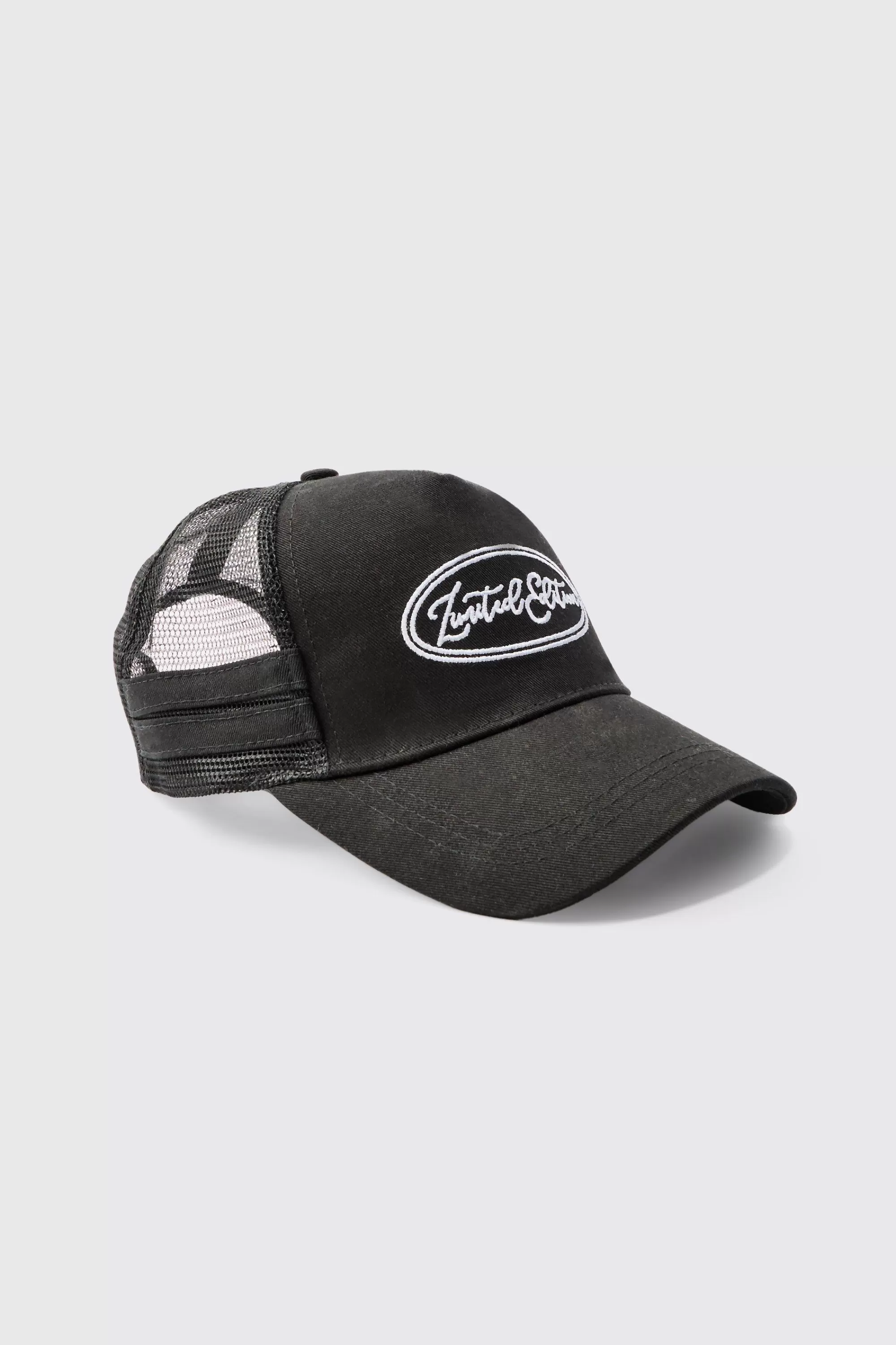 boohooMAN Limited Edition Embroidered Mesh Panel Cap In Black | UK
