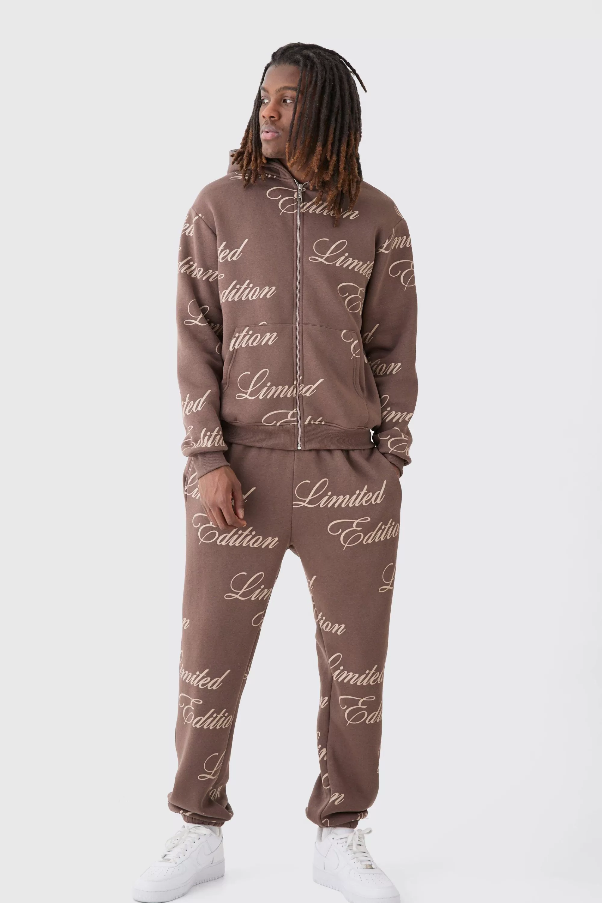 boohooMAN Limited Edition Script All Over Print Zip Hooded Tracksuit | UK