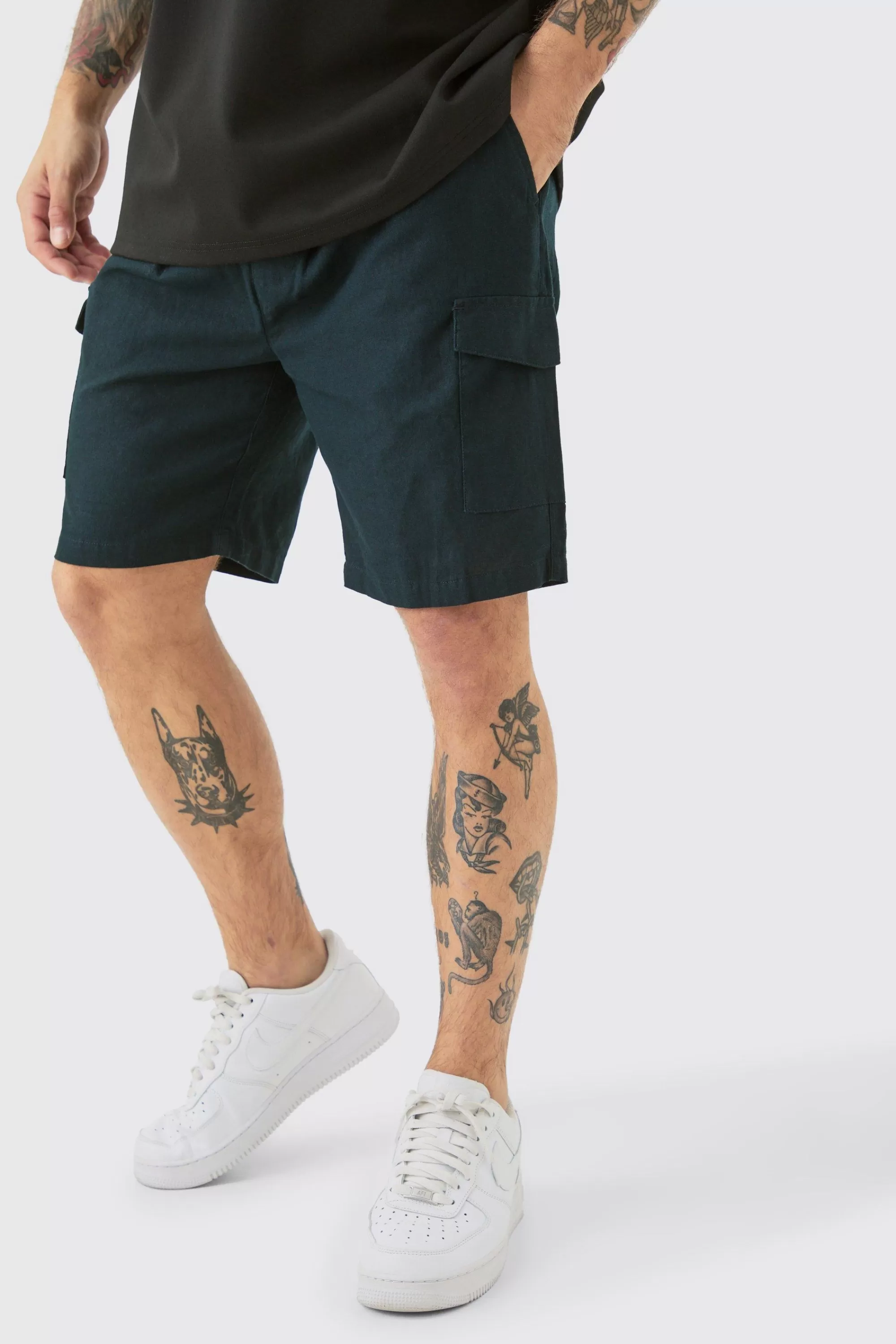 boohooMAN Linen Elasticated Waist Cargo Shorts | UK