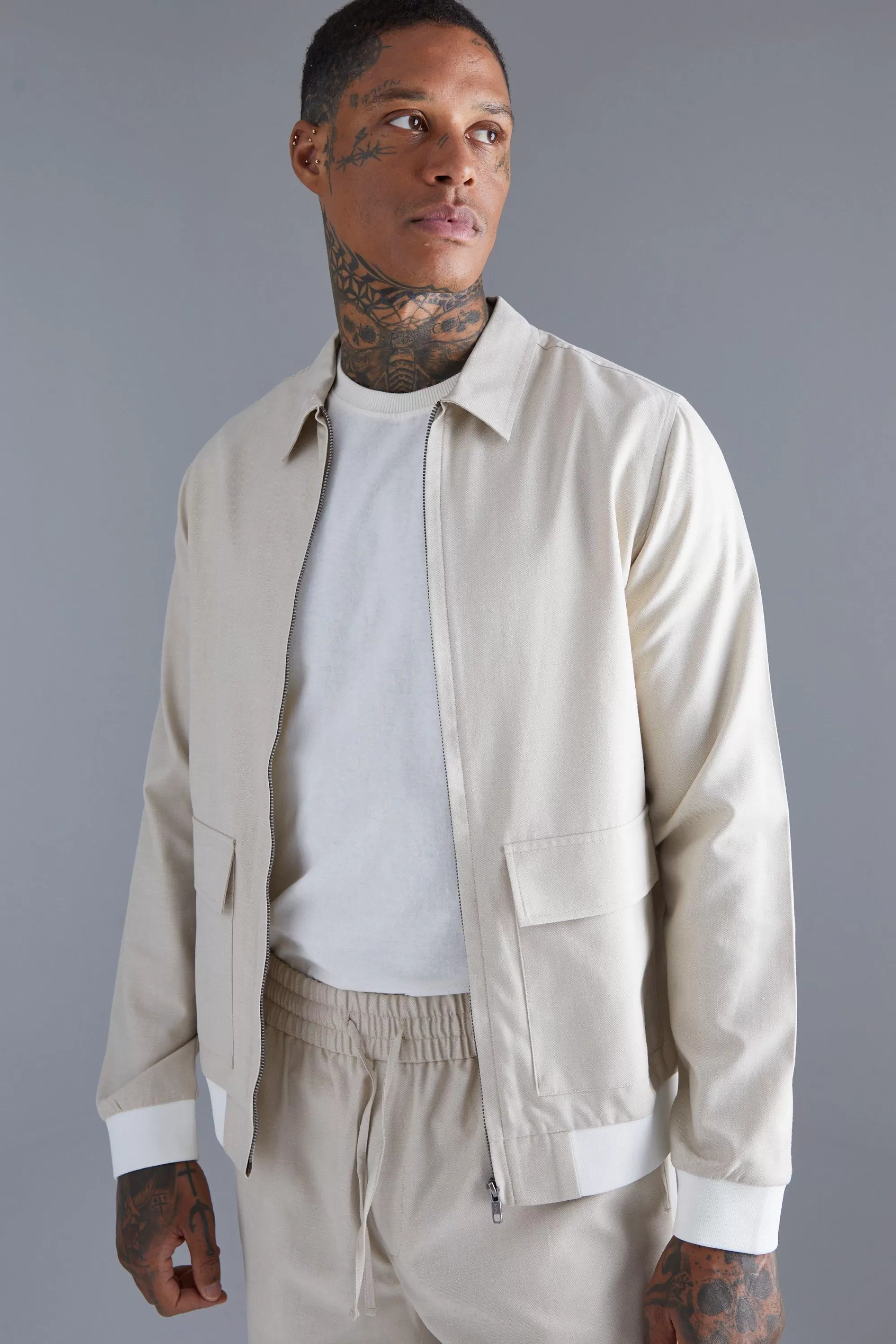 boohooMAN Linen Harrington & Short Set | UK