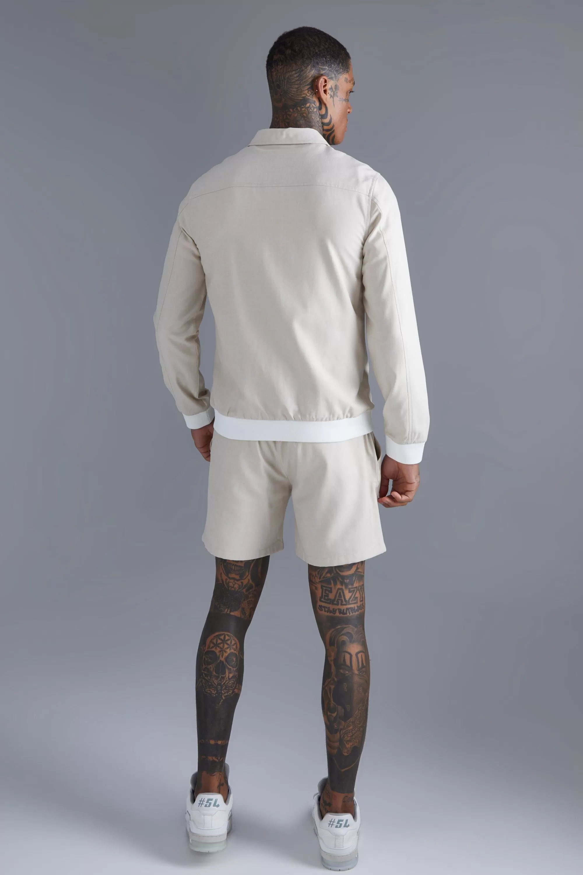 boohooMAN Linen Harrington & Short Set | UK