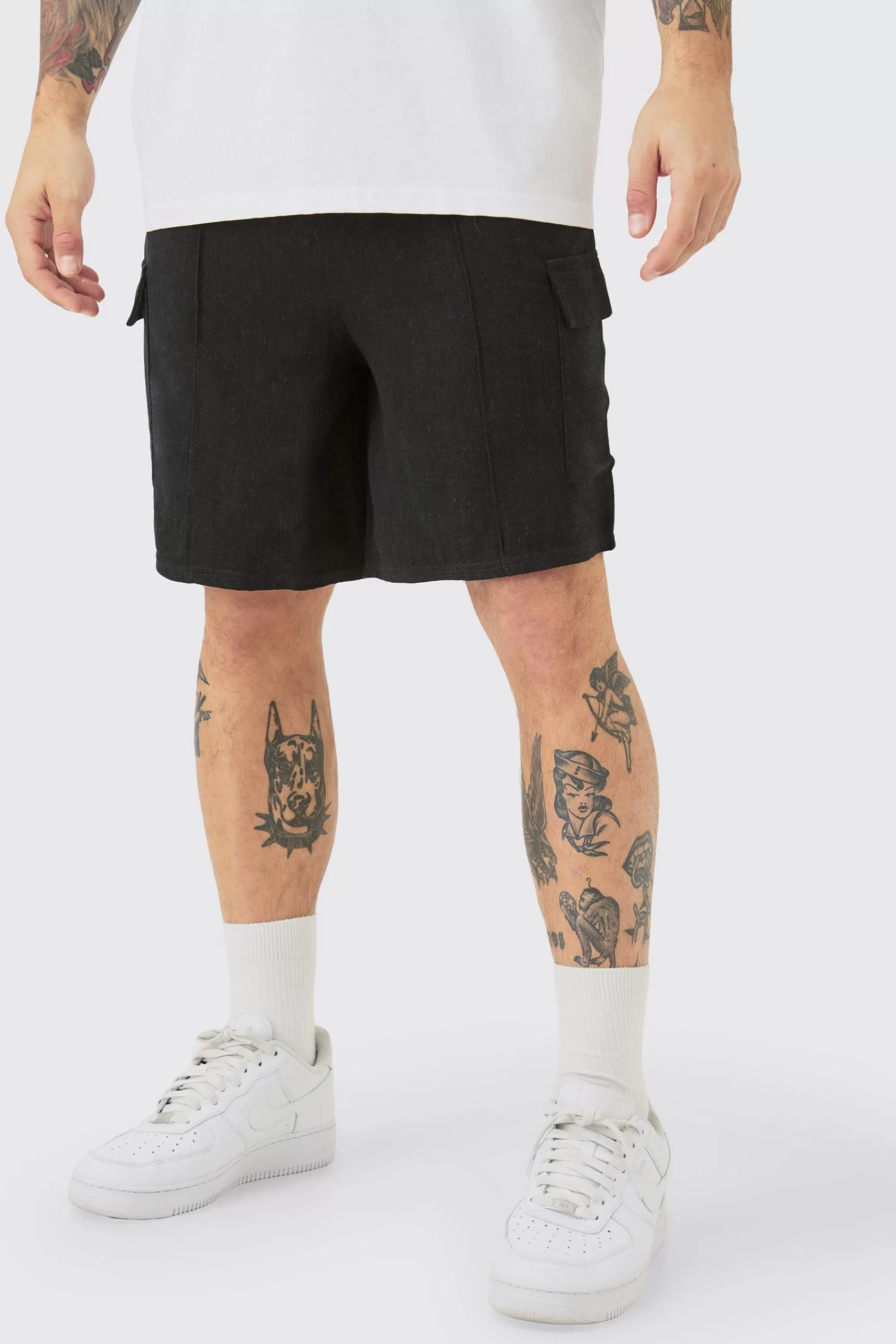 boohooMAN Linen Look Pin Tuck Elasticated Waist Cargo Relaxed Shorts | UK