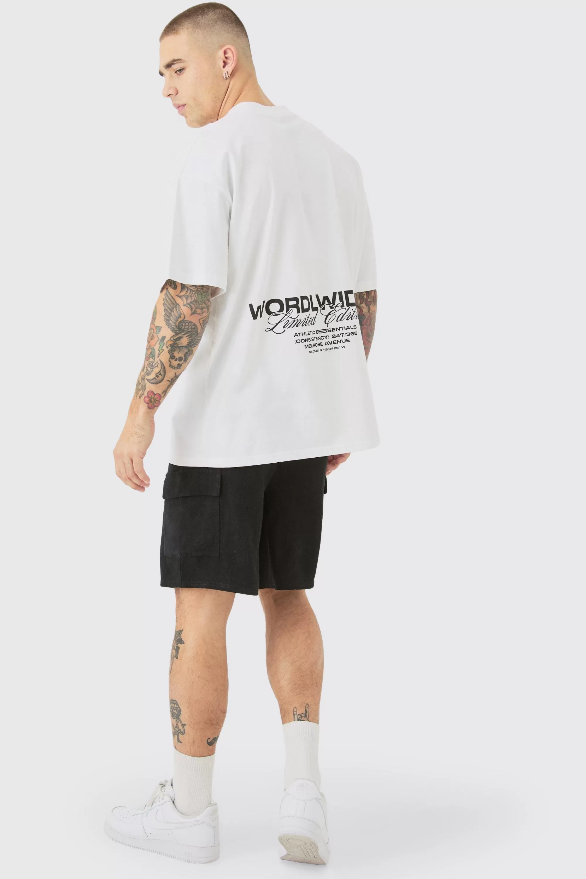 boohooMAN Linen Look Pin Tuck Elasticated Waist Cargo Relaxed Shorts | UK