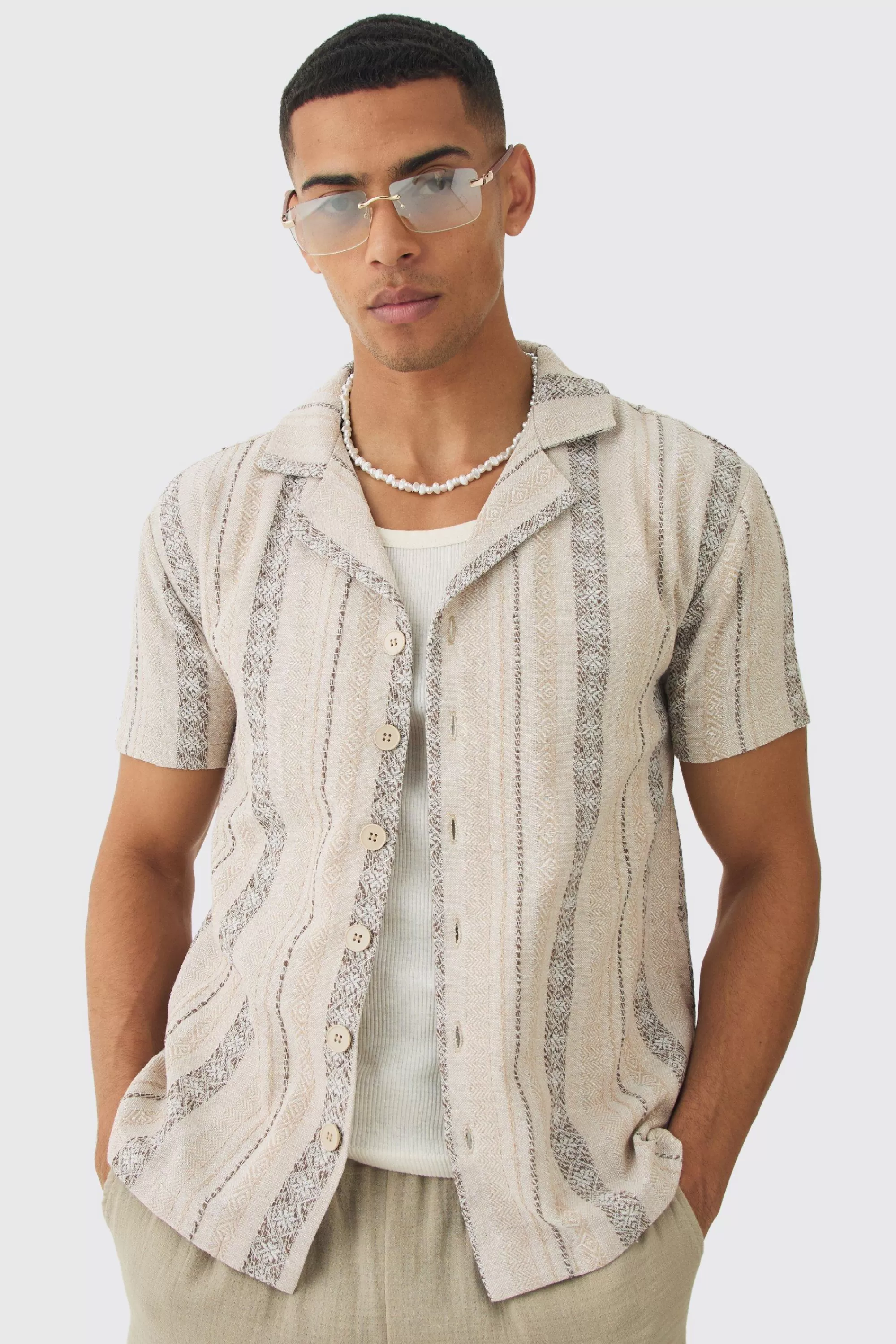 boohooMAN Linen Look Revere Stripe Shirt | UK