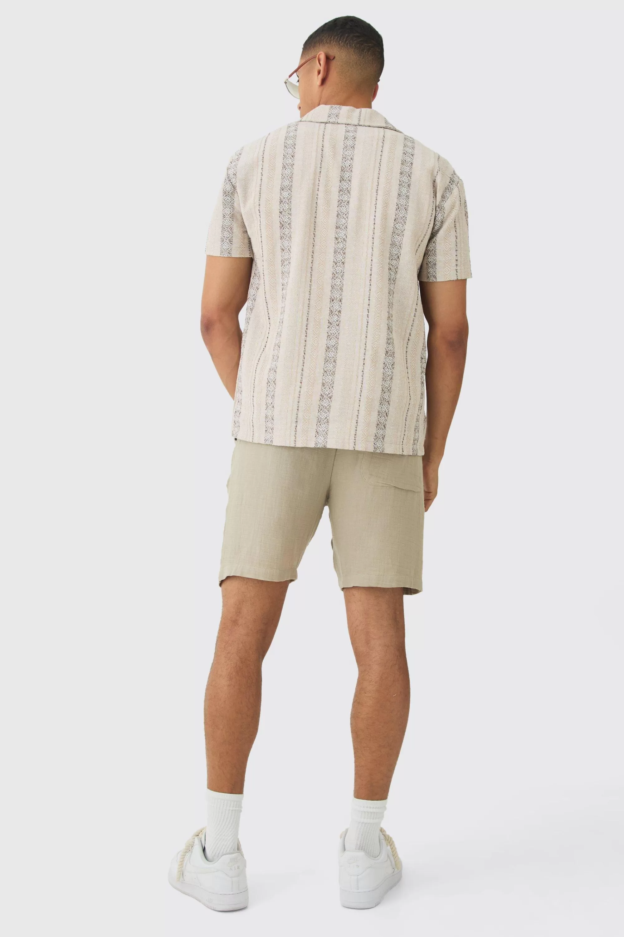 boohooMAN Linen Look Revere Stripe Shirt | UK