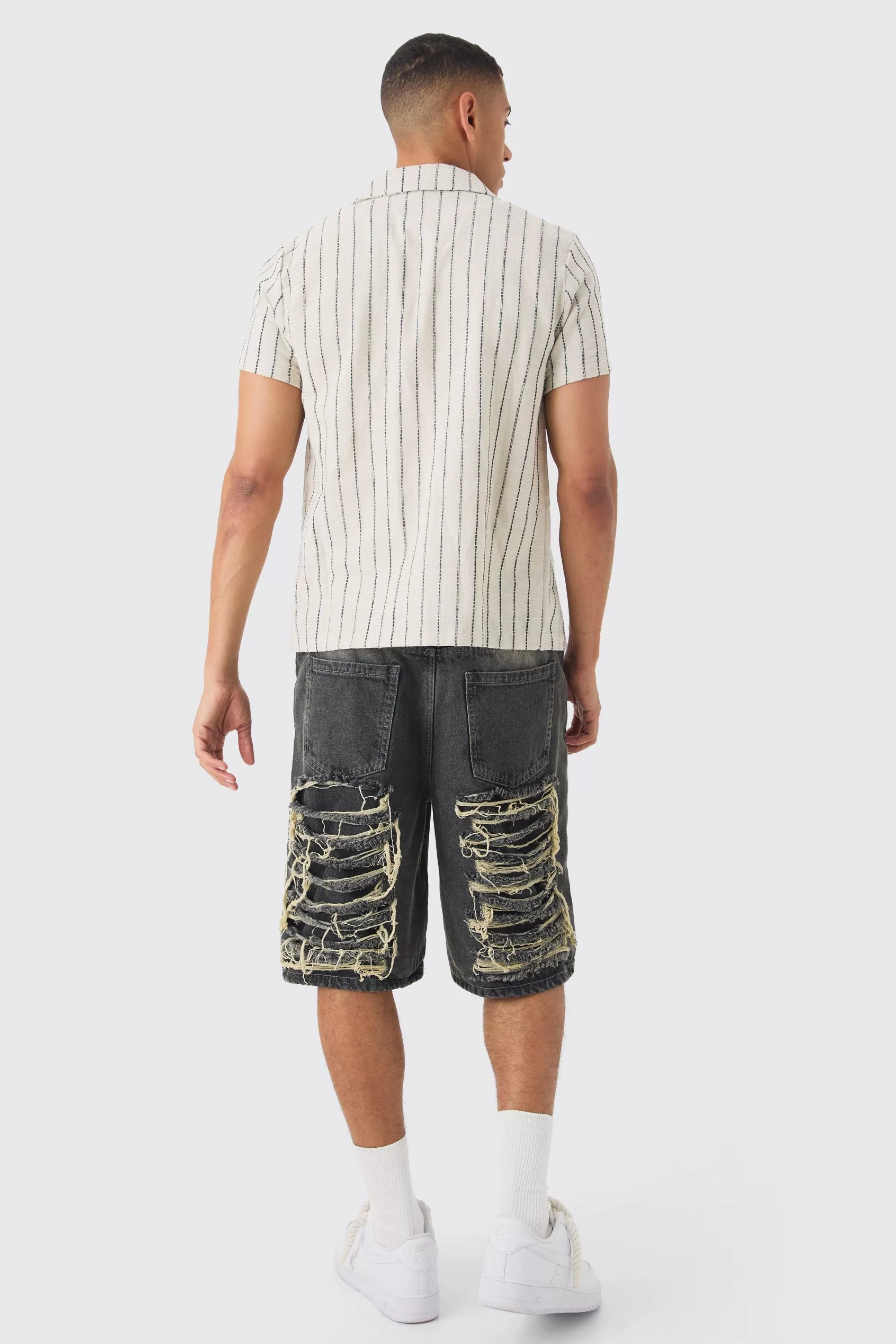 boohooMAN Linen Look Revere Stripe Shirt | UK