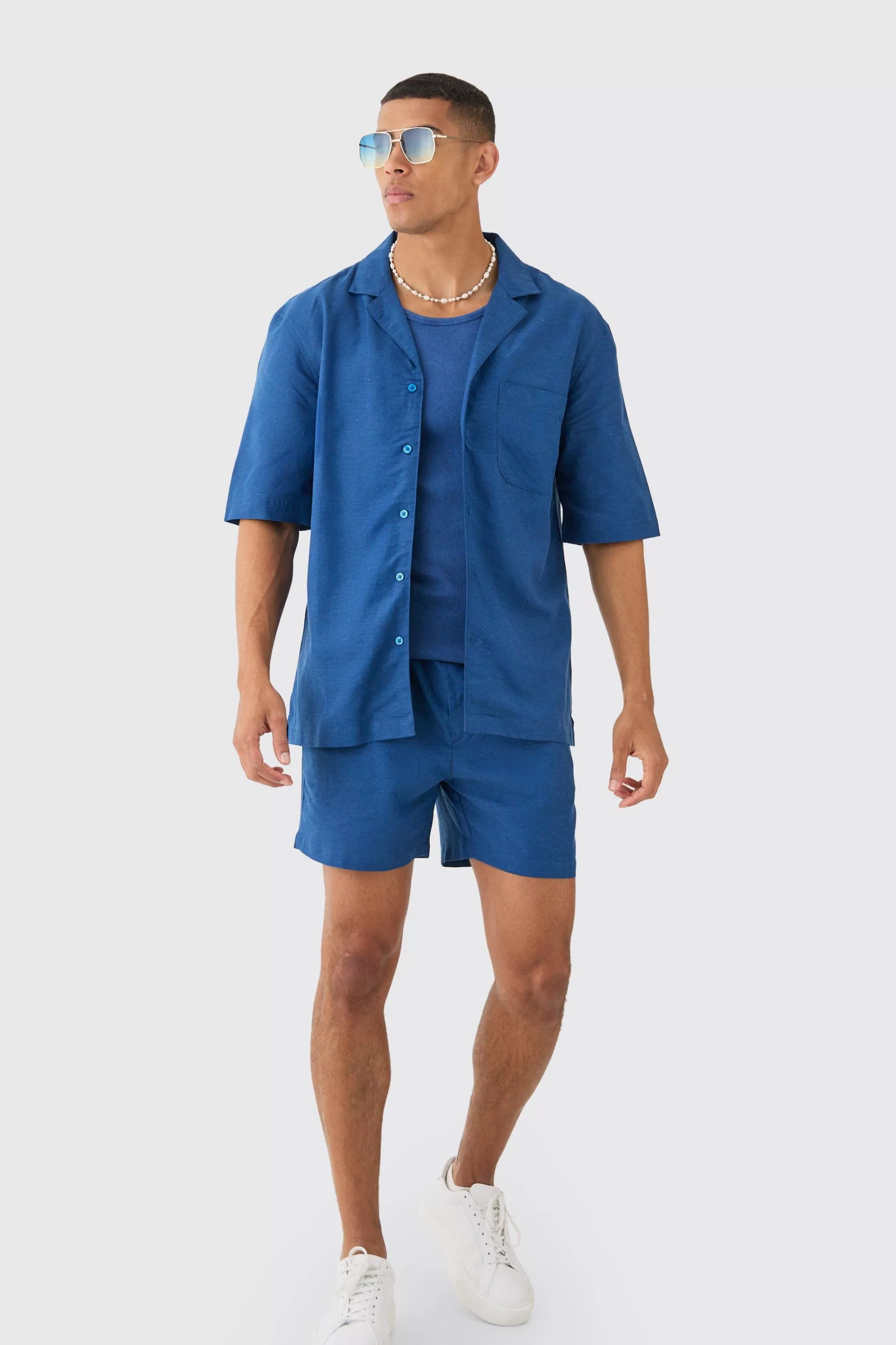boohooMAN Linen Pocket Detail Shirt & Short Set | UK