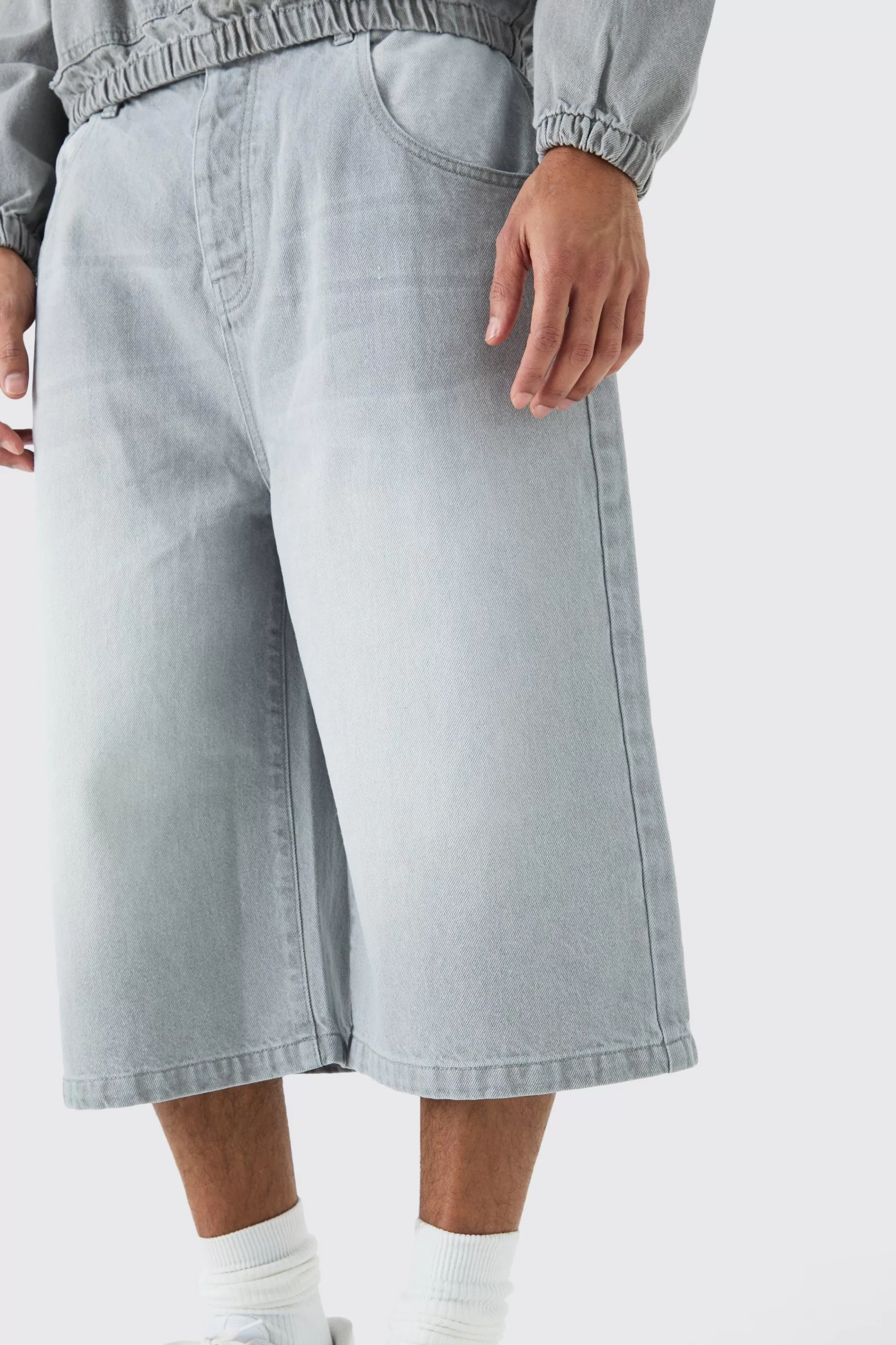 boohooMAN Long Line Denim Jorts In Grey Wash | UK
