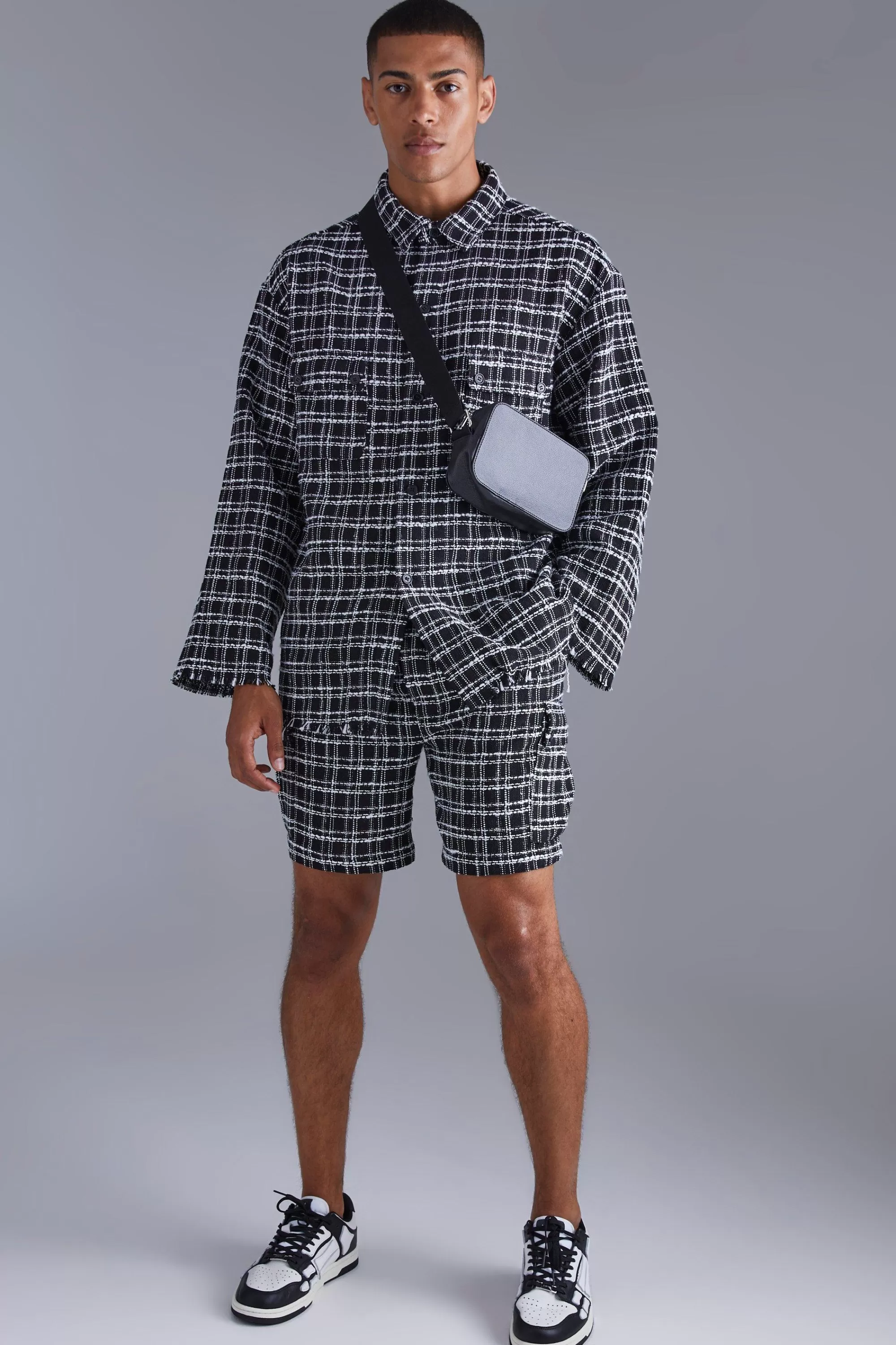 boohooMAN Long Sleeve Boxy Check Shirt & Cargo Short Set | UK