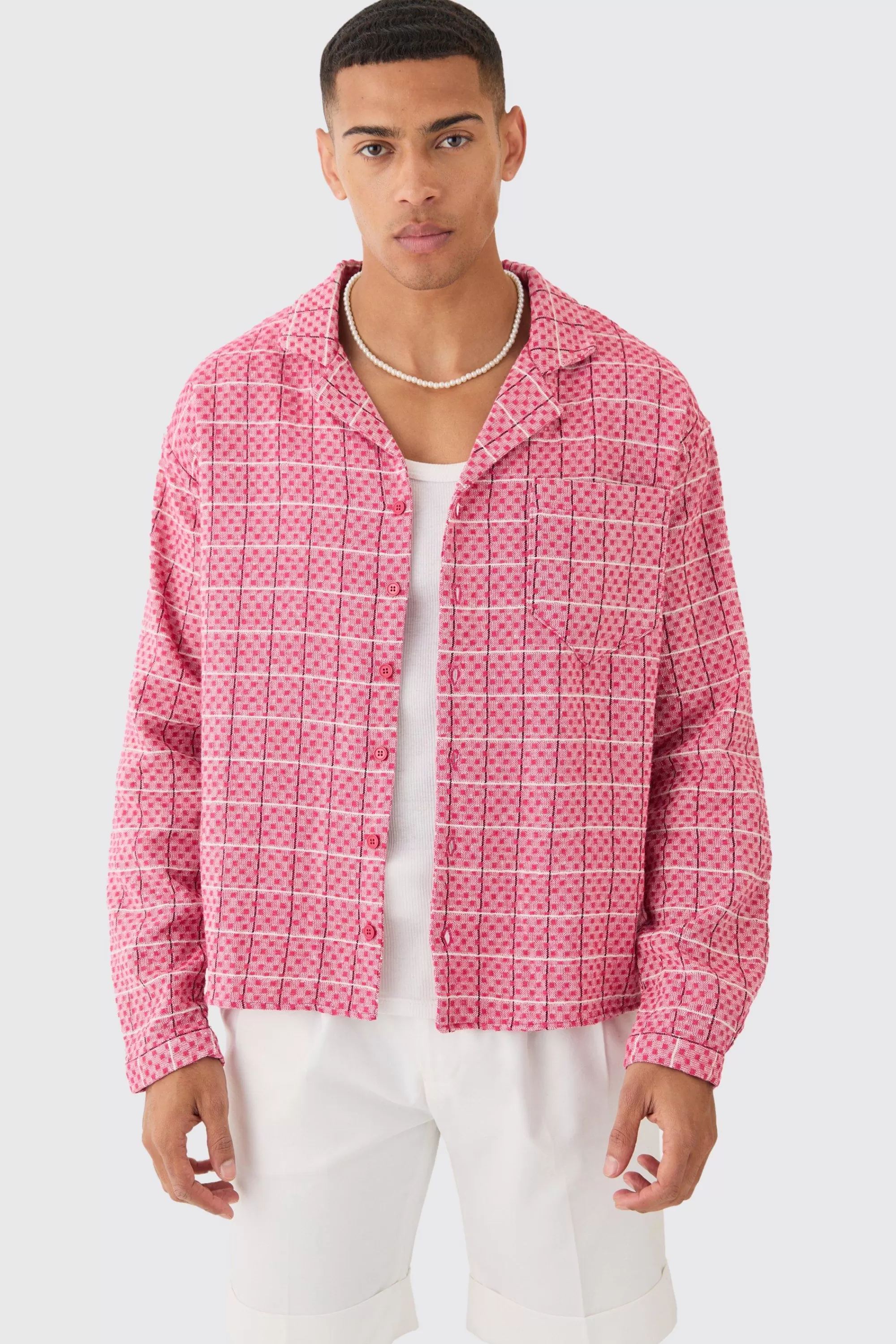 boohooMAN Long Sleeve Boxy Textured Grid Check Shirt | UK
