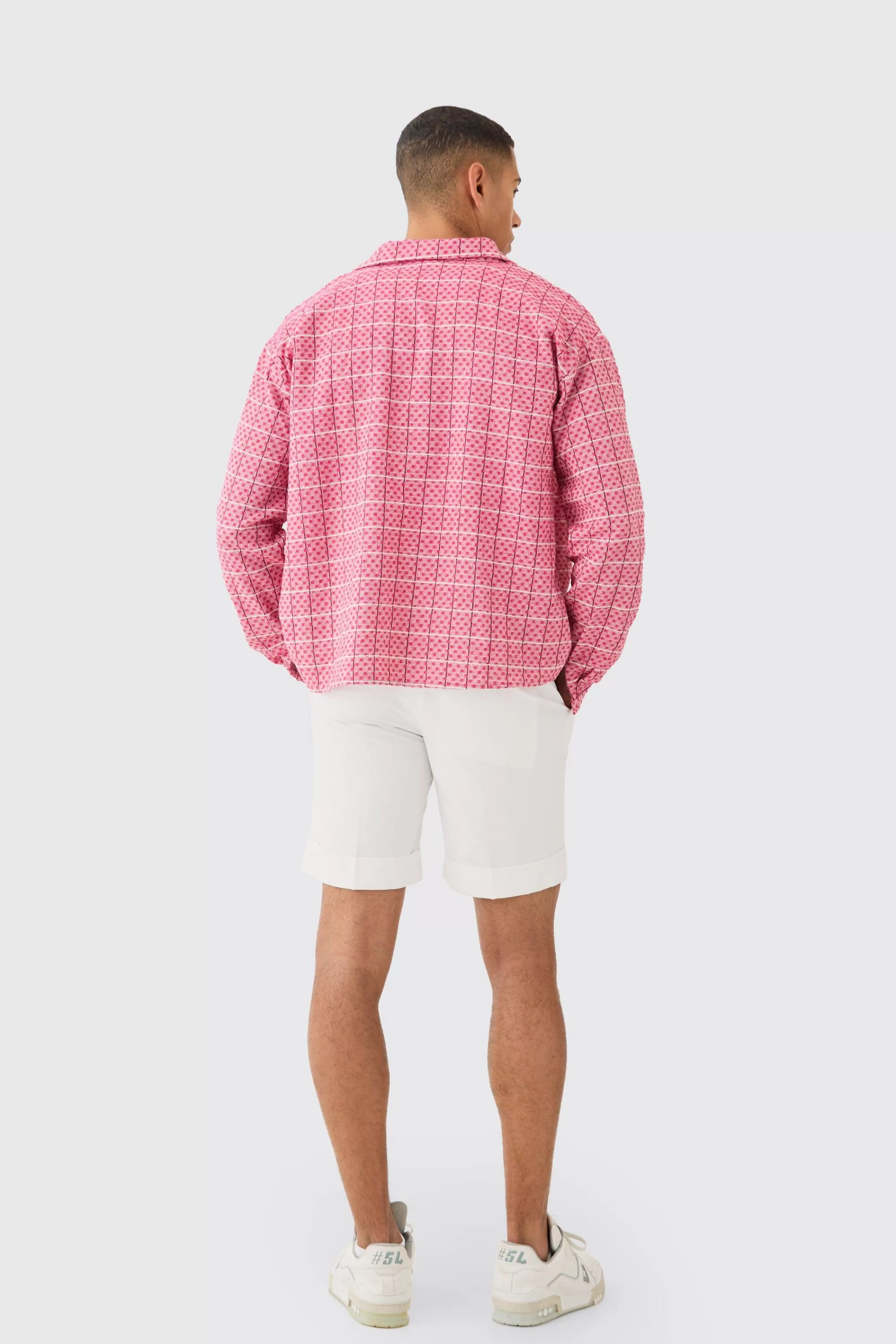 boohooMAN Long Sleeve Boxy Textured Grid Check Shirt | UK
