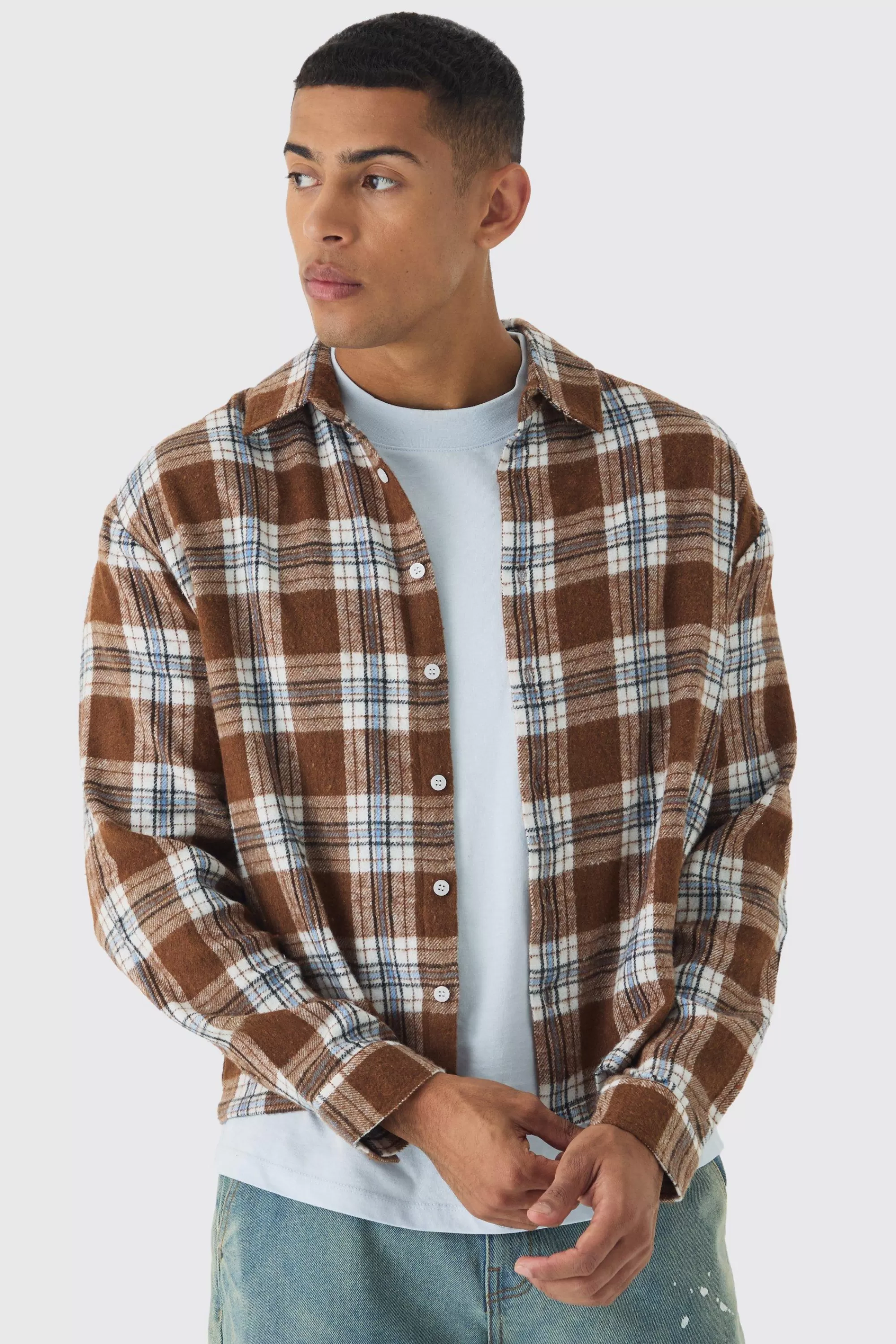 boohooMAN Long Sleeve Checked Boxy Shirt | UK