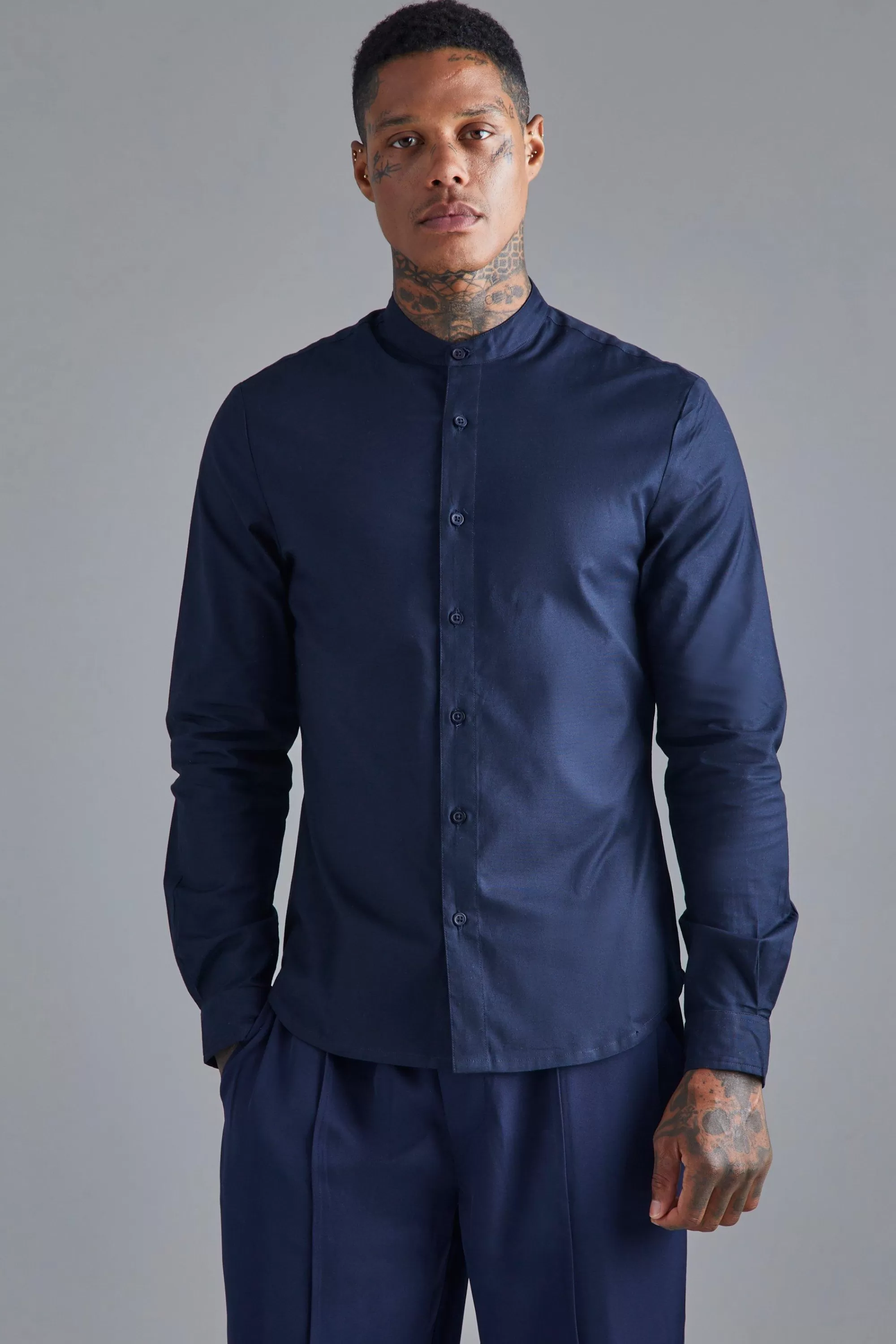 boohooMAN Long Sleeve Grandad Collar Slim Shirt | UK