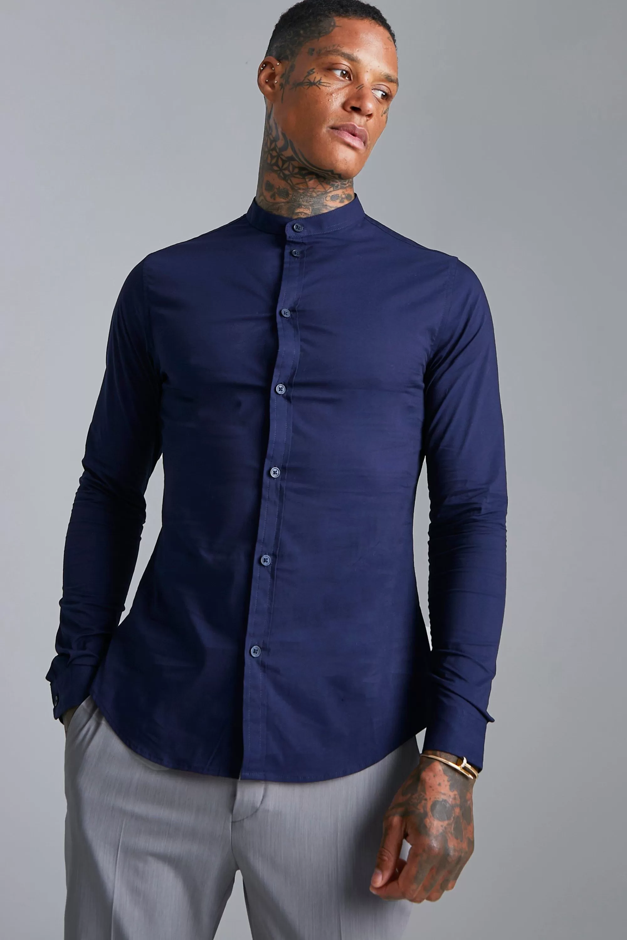 boohooMAN Long Sleeve Grandad Collar Slim Shirt | UK