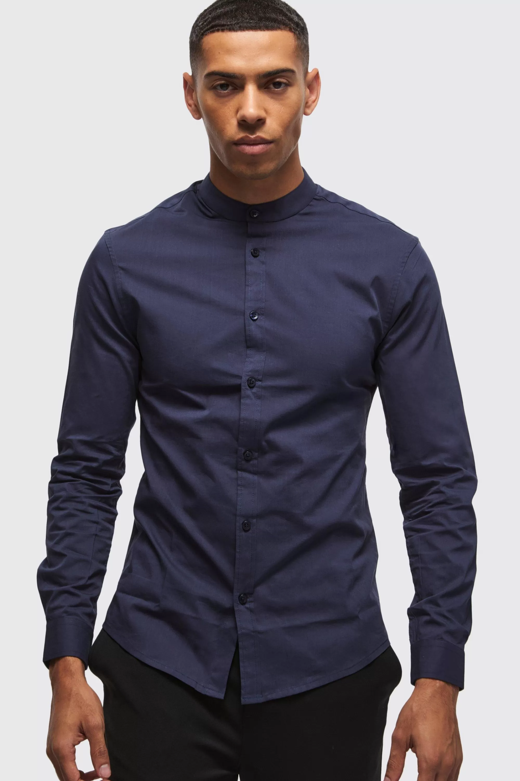 boohooMAN Long Sleeve Grandad Collar Slim Shirt | UK