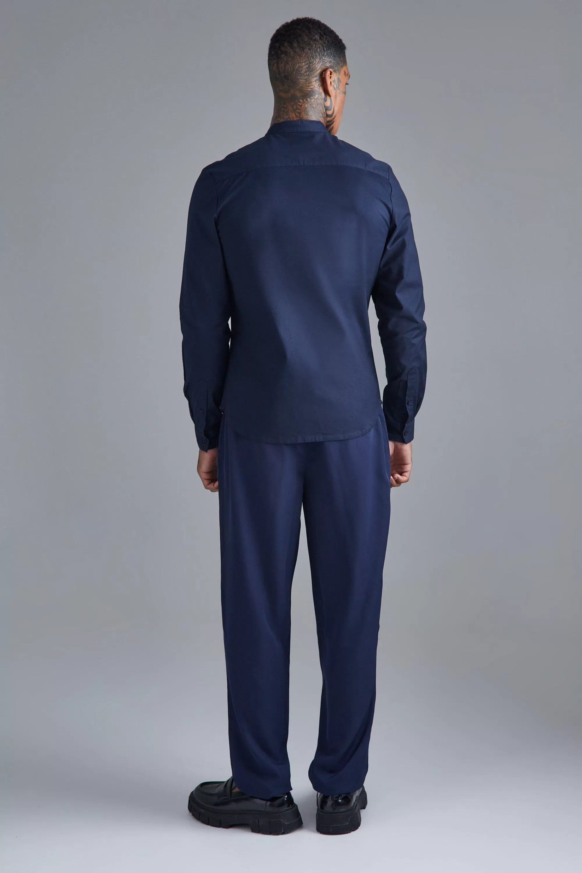 boohooMAN Long Sleeve Grandad Collar Slim Shirt | UK