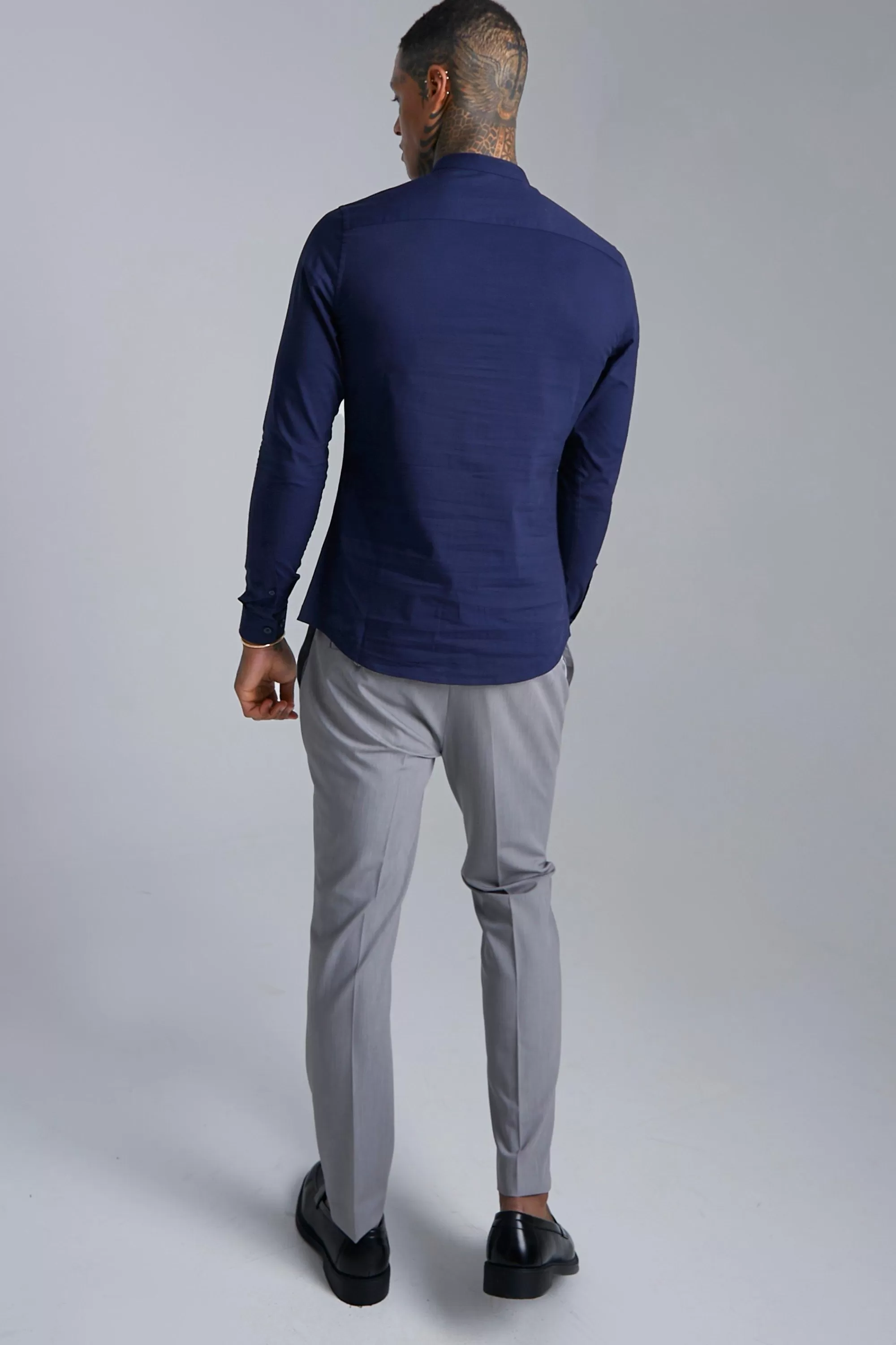 boohooMAN Long Sleeve Grandad Collar Slim Shirt | UK