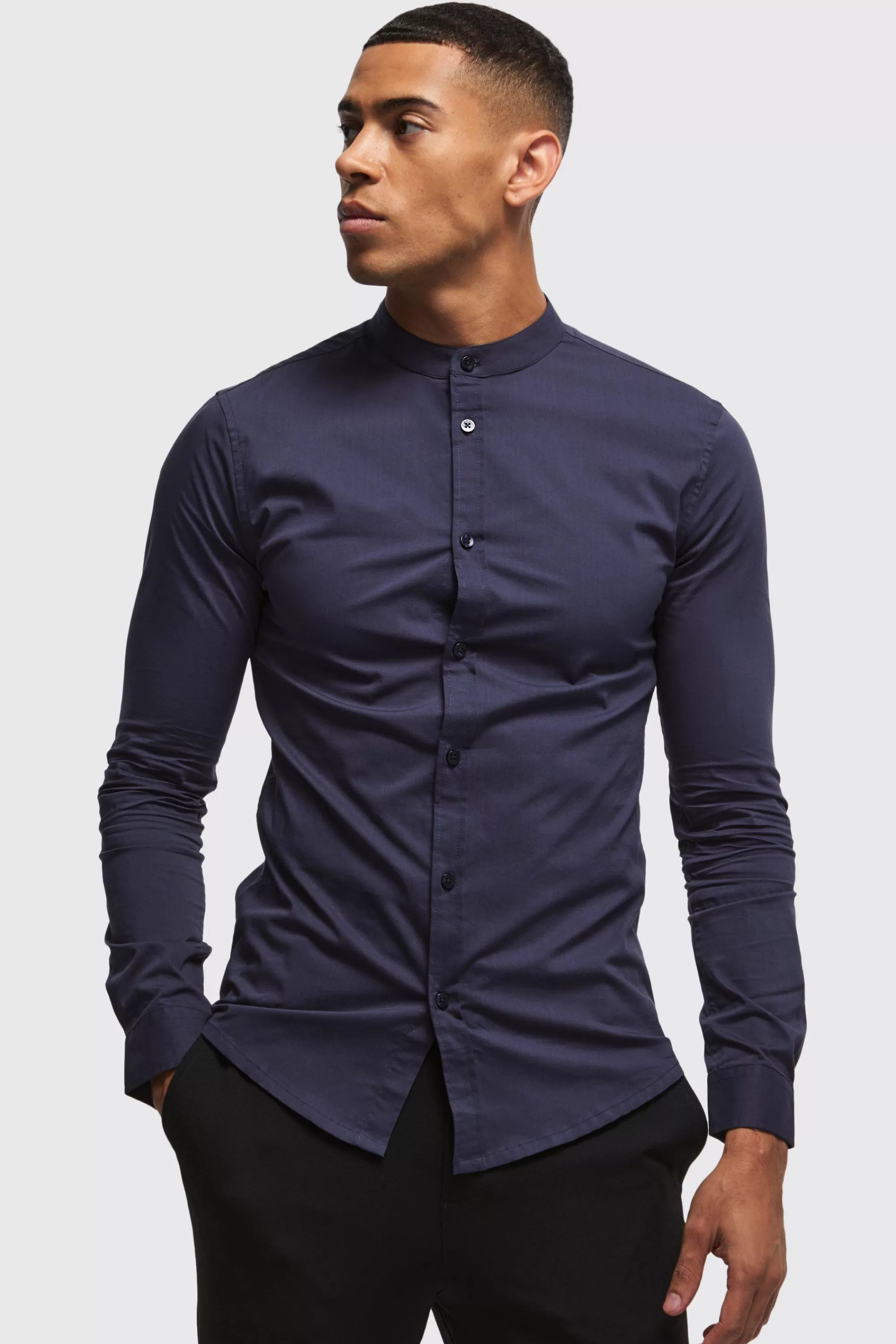 boohooMAN Long Sleeve Grandad Collar Stretch Shirt | UK
