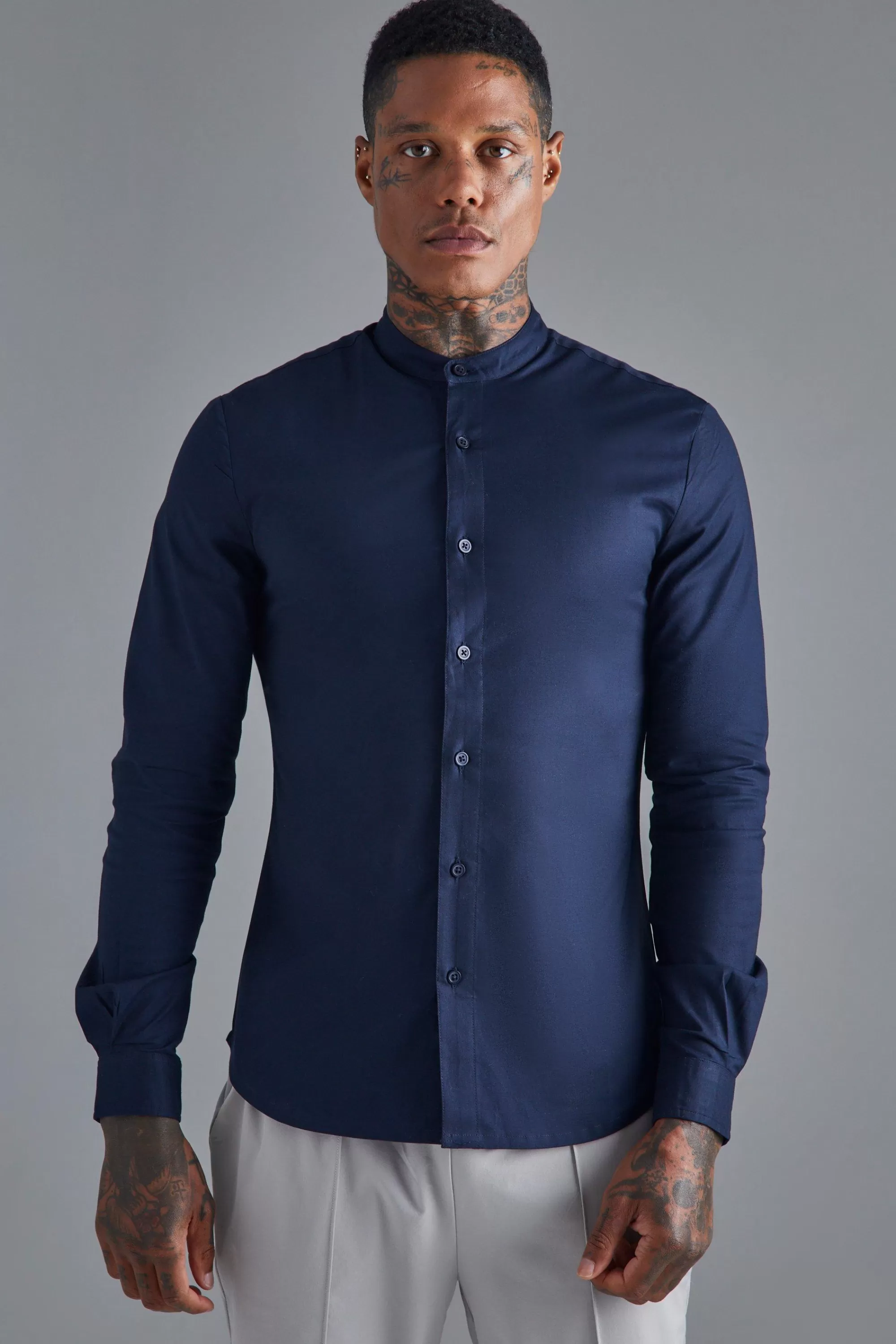 boohooMAN Long Sleeve Grandad Collar Stretch Shirt | UK