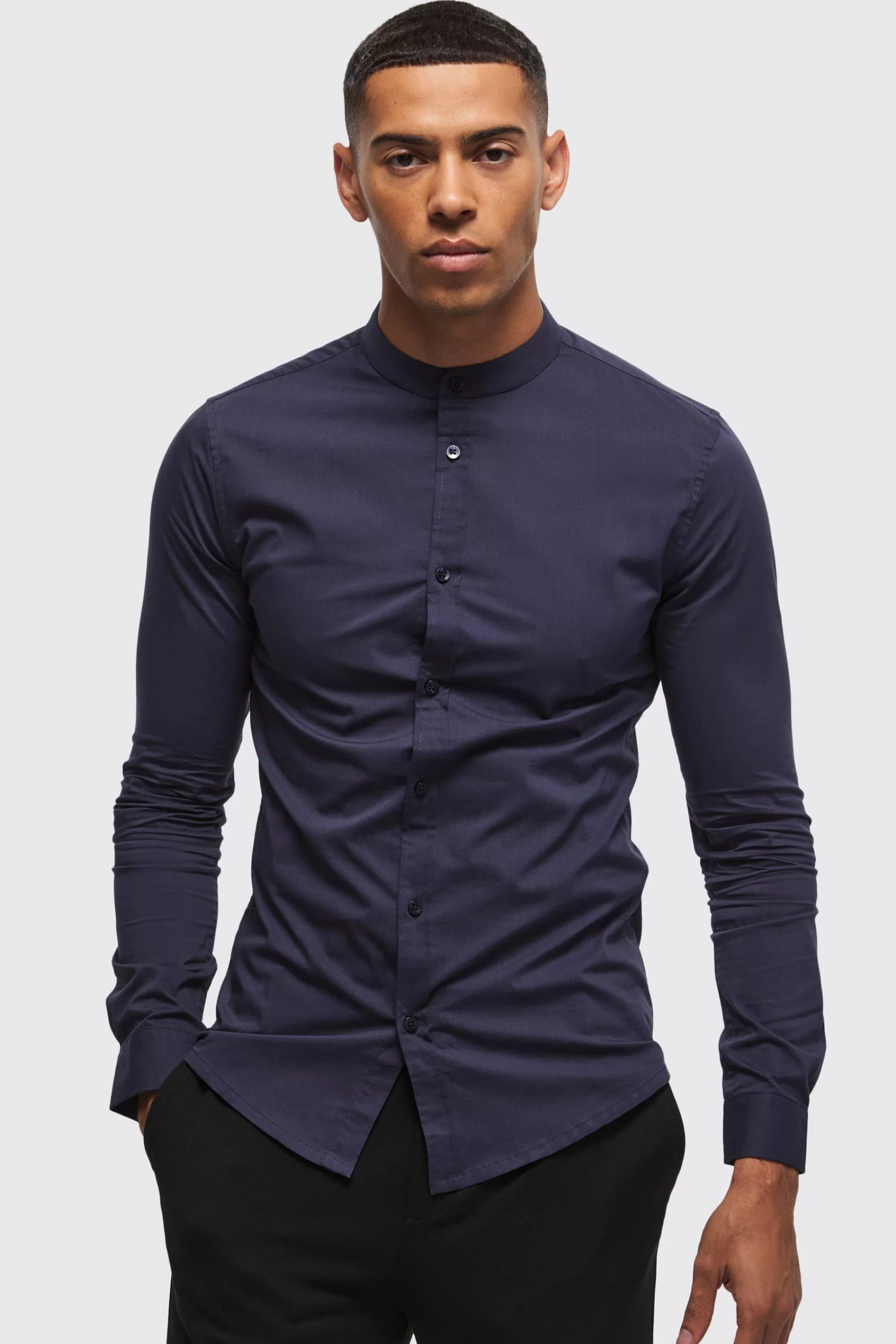 boohooMAN Long Sleeve Grandad Collar Stretch Shirt | UK