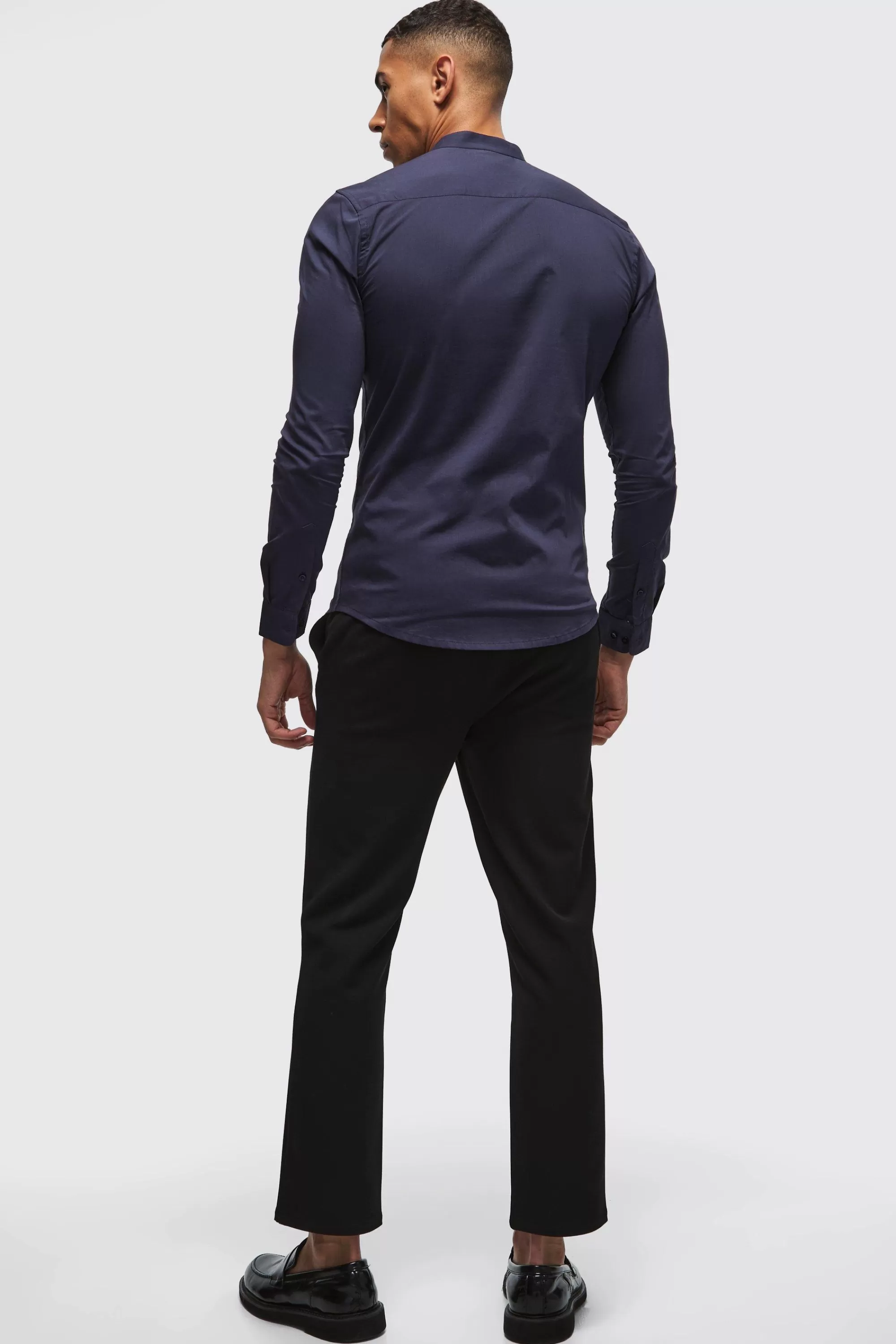 boohooMAN Long Sleeve Grandad Collar Stretch Shirt | UK
