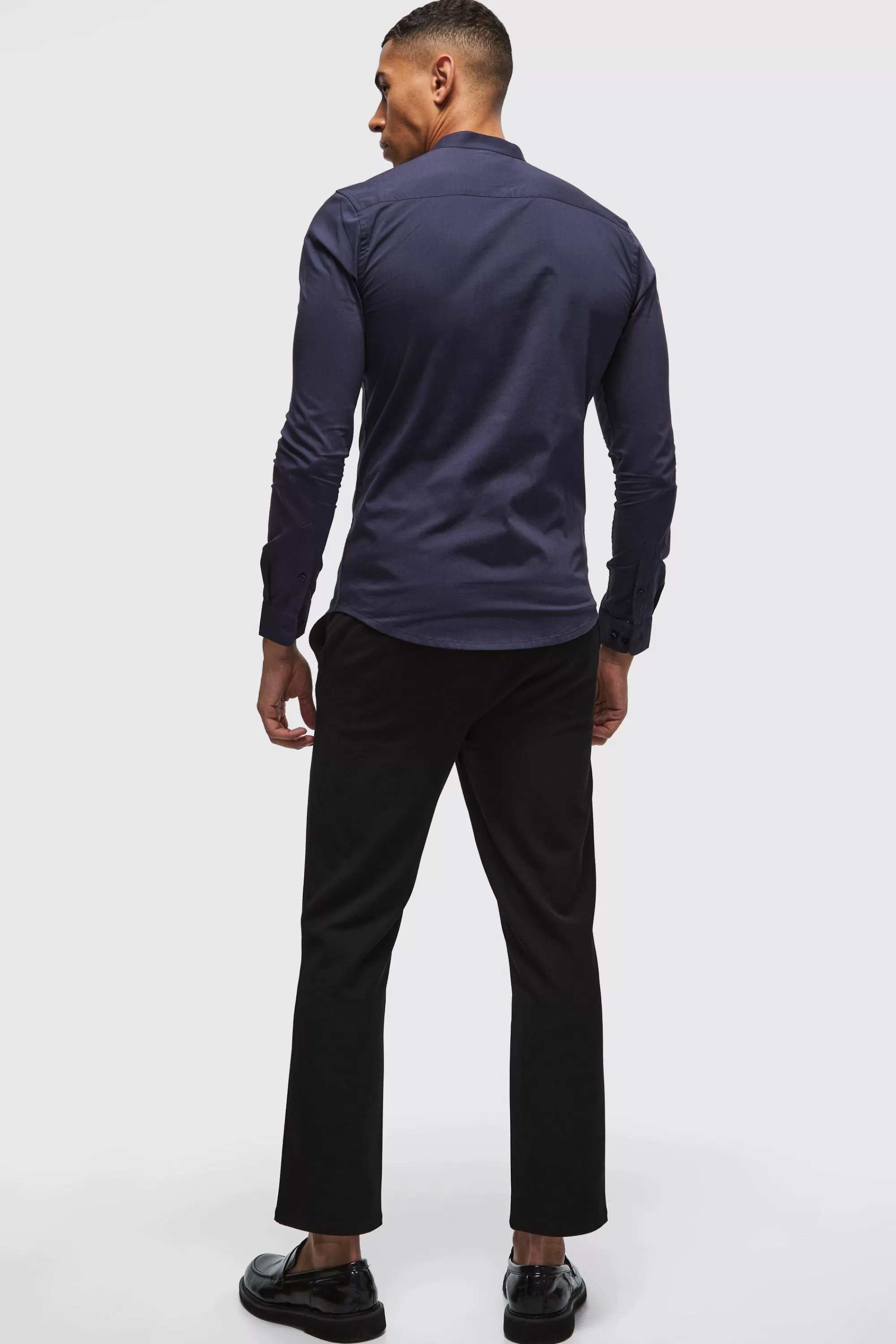 boohooMAN Long Sleeve Grandad Collar Stretch Shirt | UK